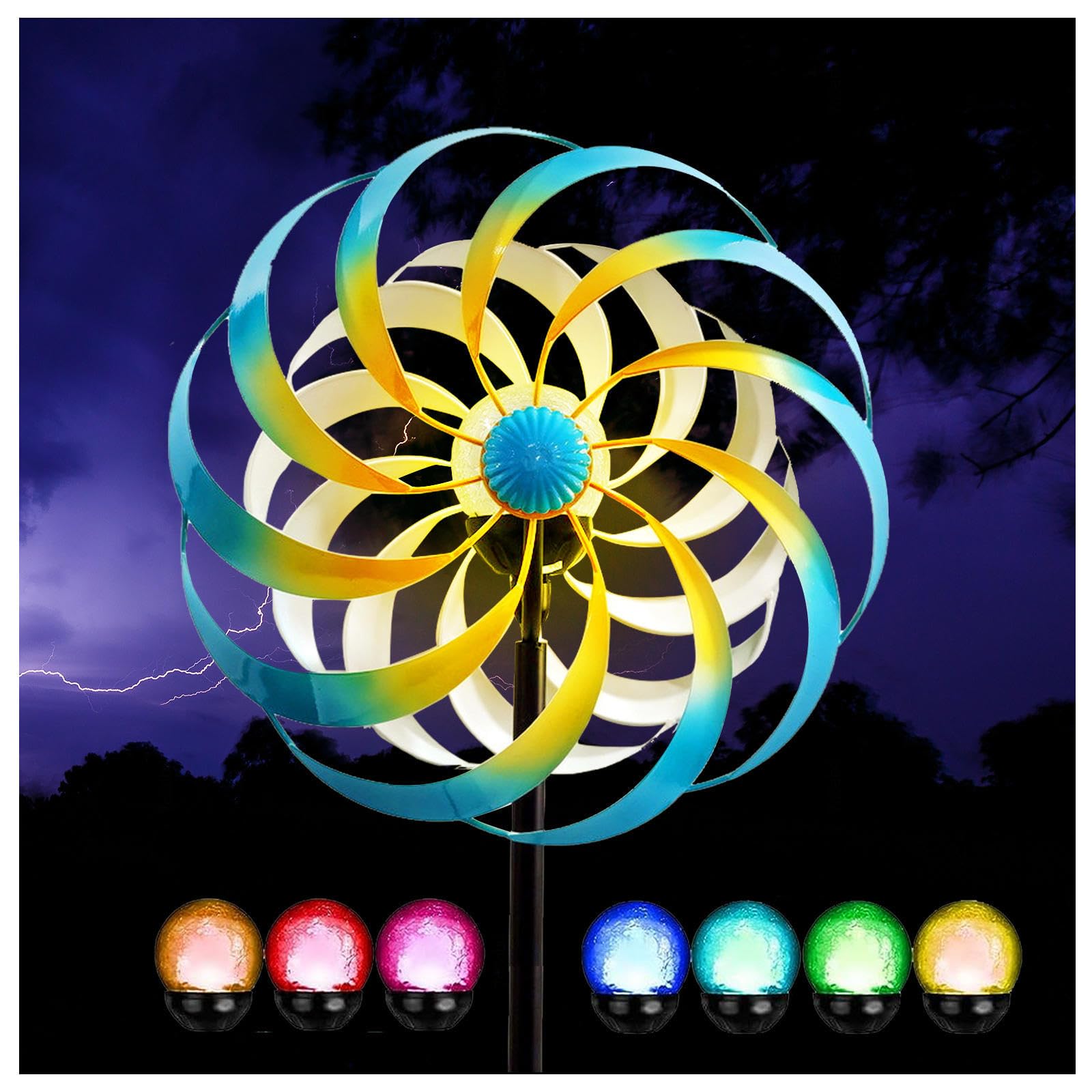 HAZARA Girandole A Vento, Filatore di Cantiere, Colore LED Che Cambia Sfera di Vetro Ad Energia Solare Scultura del Vento,Blue