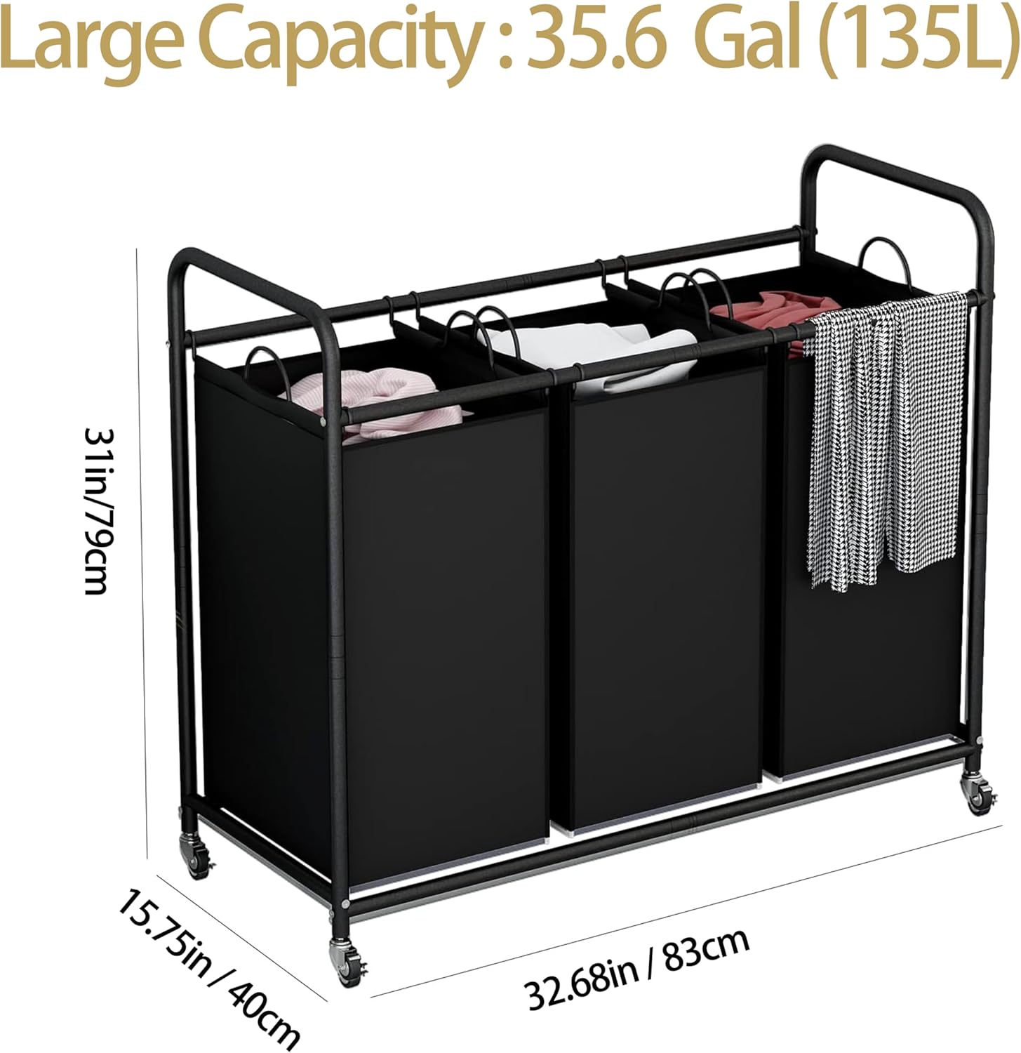 LINZINAR 3-Bag Laundry Basket, Black Laundry Hamper, 35.6 Gal(135 L) Laundry Sorter Cart Laundry Room Organization with Heavy Duty Rolling Lockable Wheels and Removable Bags