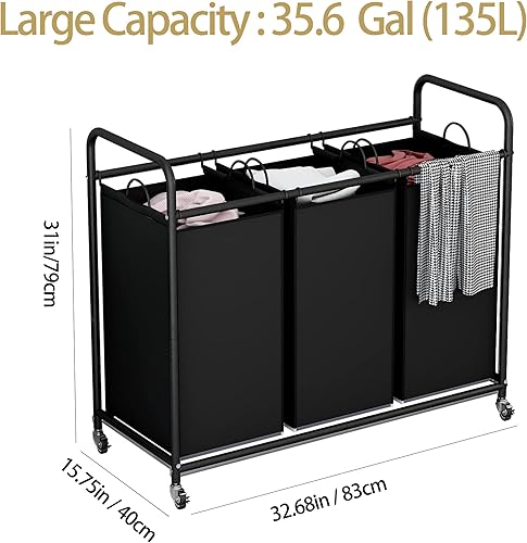 Vista 4 de LINZINAR Cesta de lavandería de 3 bolsas para organizar la lavandería, con ruedas enrollables y bolsas extraíbles (negro)