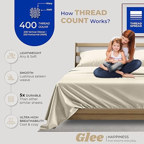 Miniatura 2 de THREAD SPREAD Juego de sábanas de 100 % algodón dividido tamaño King para cama ajustable, juego de sábanas de satén de 5 piezas de 400 hilos,