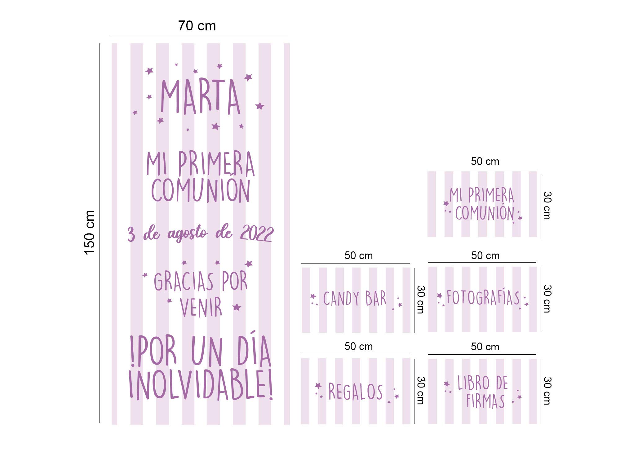 Oedim Photocall Infantil para Comunión Personalizado en Lona + 5 Carteles en Cartón Rayas Rosa y Blanco | Varias Carteles | Photocall Personalizado Económico y Original |