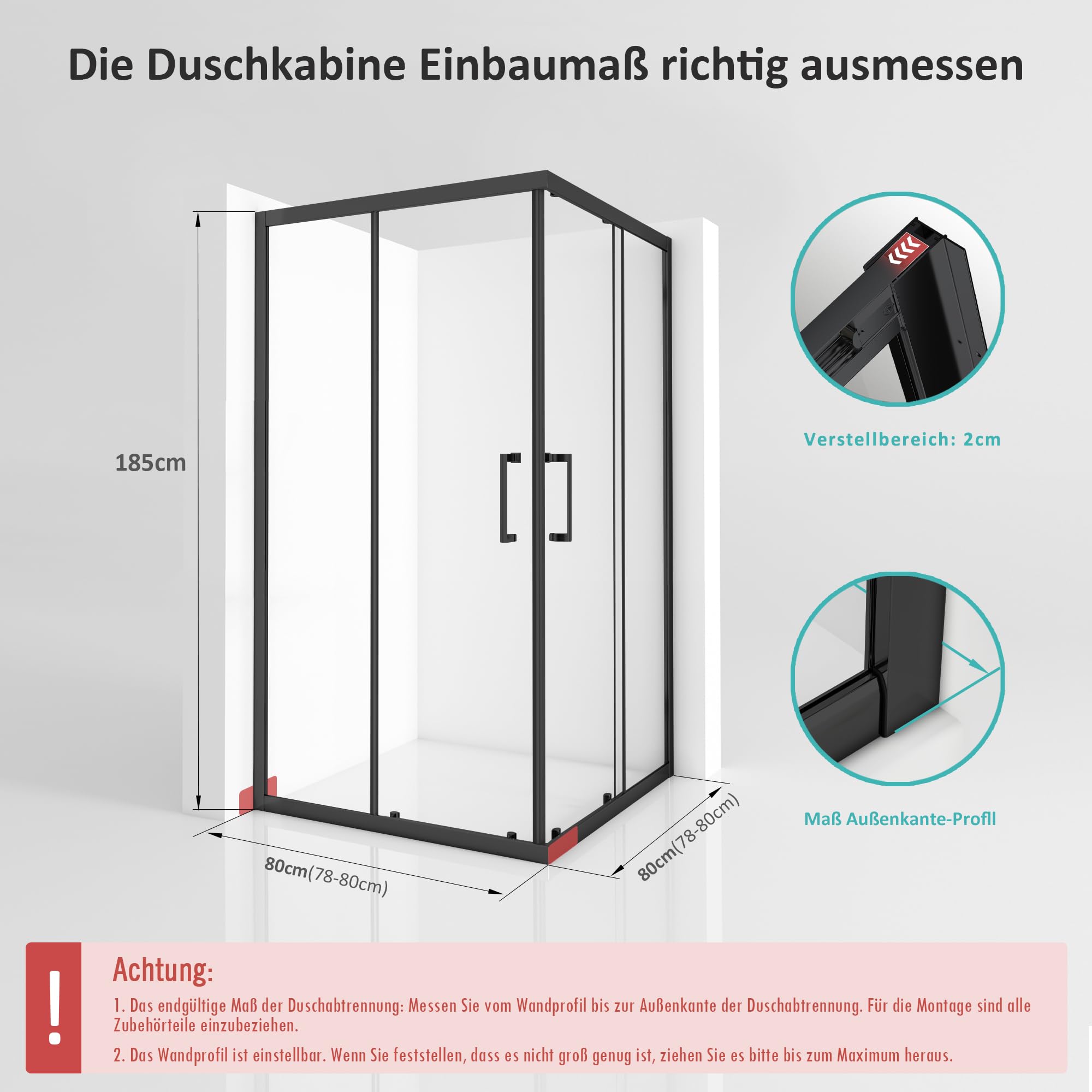 Baode Duschkabine Eckeinstieg 80x80 cm, Doppel Schiebetür Duschabtrennung 6mm ESG Glas, Höhe 185cm Duschtür(Schwarz)