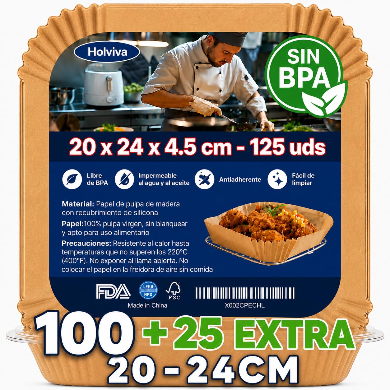 Holviva Papel Freidora de Aire 125 Uds, 20-24 cm, 5-8 L, Sin BPA, Papel Air Fryer Cuadrado Antiadherente Antigrasa Desechable, Compatible con Cosori, Cecotec, Ninja y Philips