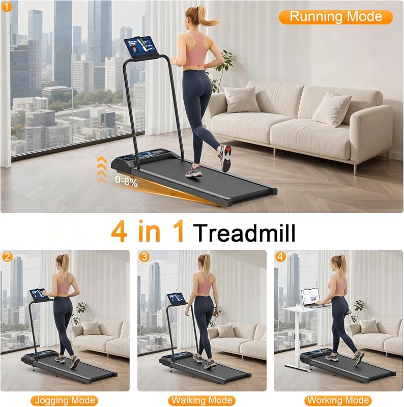 HOELLL Treadmills for Home Small with 0%-8% Incline and APP Sync, Compact Under Desk Walking Treadmill Pad with Handle Bar Removable, Remote Control and LED Display, 2.5HP, Moon White image 4