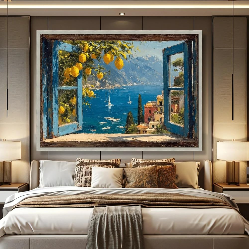 Dittelle View of the Mediterranean Sea, Open Blue Window Canvas, Lemon Tree Wall Art, Coastal Village Landscape, Canvas Decor(80x110cm/Frameless)