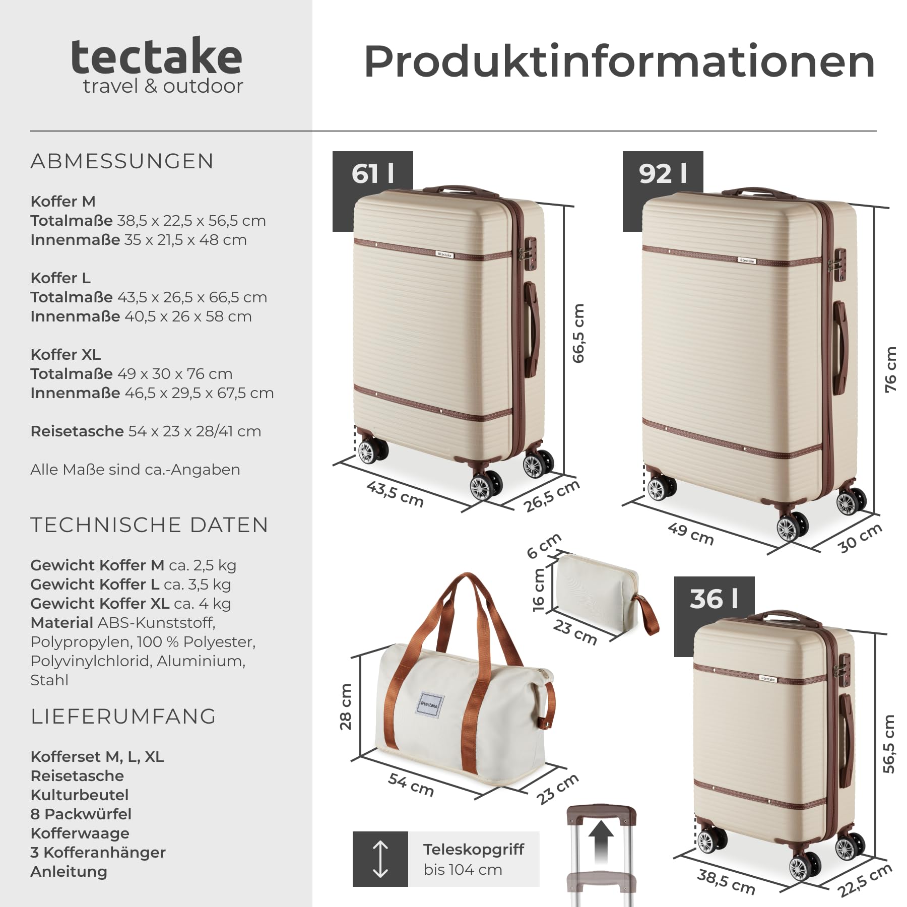 tectake® 13-TLG. Koffer Set mit Reisetasche, Koffer & Trolleys, Reisekoffer mit Rollen, Kofferset mit 3X Koffer groß und Tasche, Hartschalenkoffer mit TSA Schloss - Creme