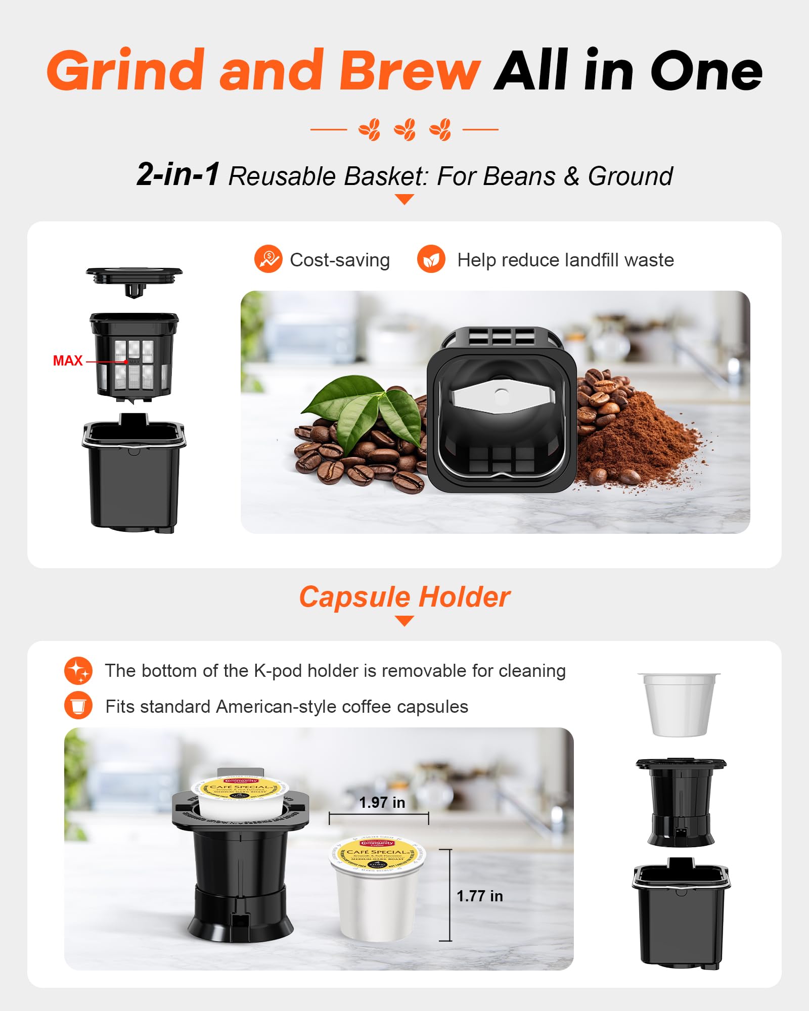 Horavie Single Serve Coffee Maker with Built-in Grinder, Fast Brew 6-16oz Single Cup for Whole Beans, Grounds, K Pod, Grind and Brew Coffee Maker with 47oz Water Tank, Descaling Alert, Black - 3