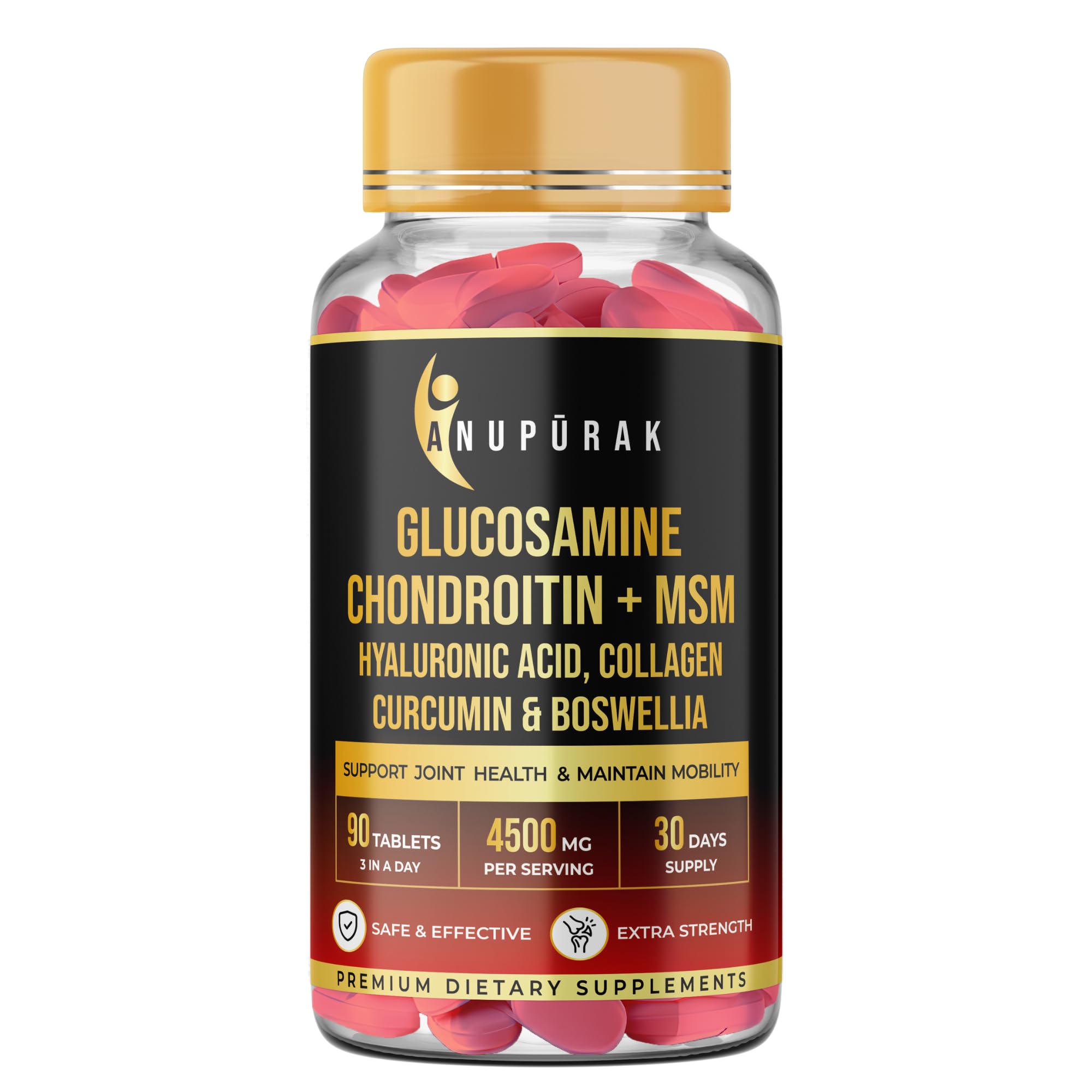 Glucosamine Chondroitin MSM Tablets | 4500mg | 11 Actives Joint Support Supplement : Collagen Type II, Hyaluronic Acid & Boswellia | Knee Mobility, Cartilage & Joint Health | 90 Tablets (30 Days)