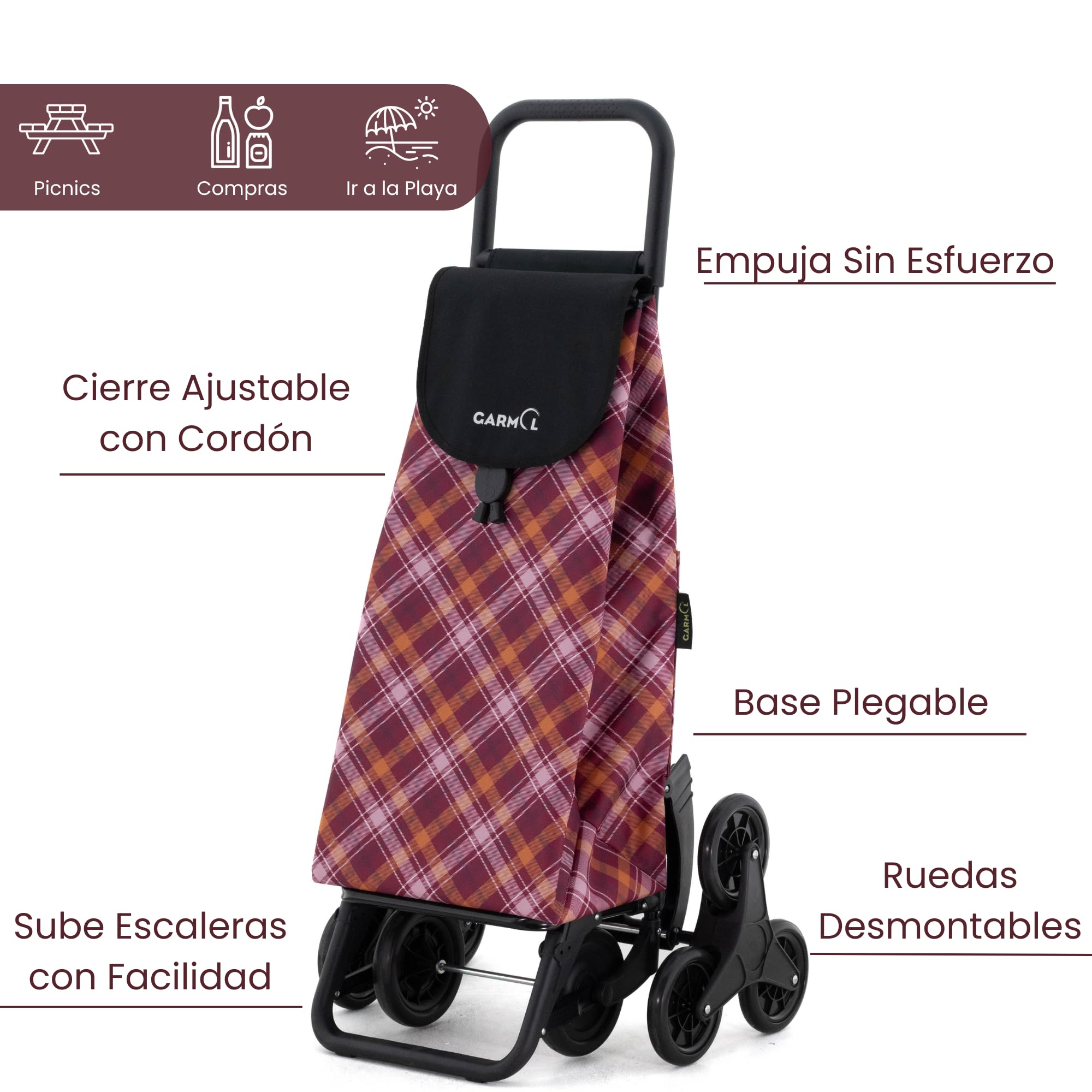 GARMOL Carro de la Compra Plegable 55 litros | Carro de la Compra 8 Ruedas Sube Escaleras de Gran Capacidad | Carrito Compra Plegable Color Granate
