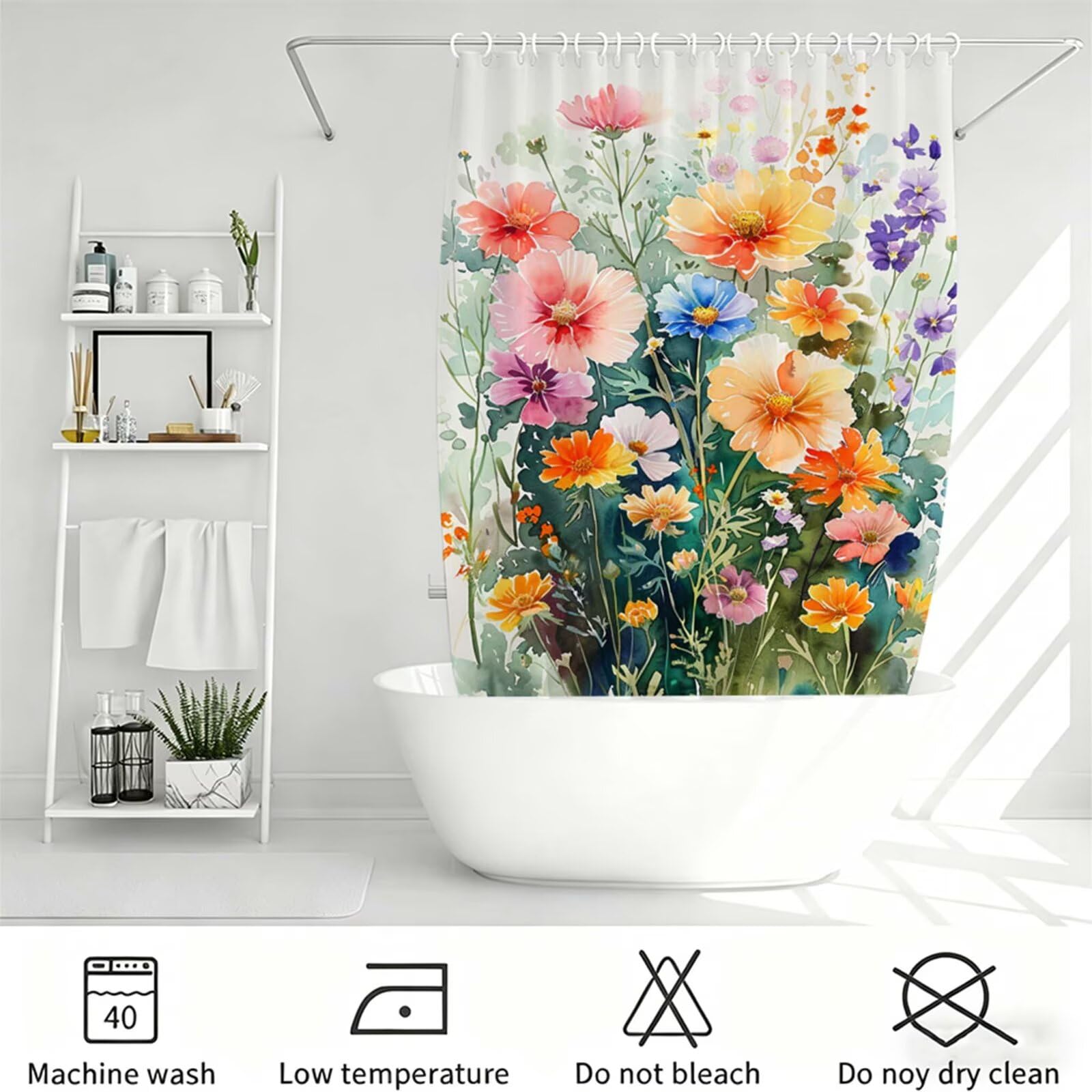 Duschvorhang 200x250cm, Duschvorhang Badewanne Beige, Shower Curtain mit Ösen und 12 Duschringen, Beschwerter Saum, Maschinenwaschbar, Schnell Trocknend, Wasserdicht Polyester, Blumenbeet J-740