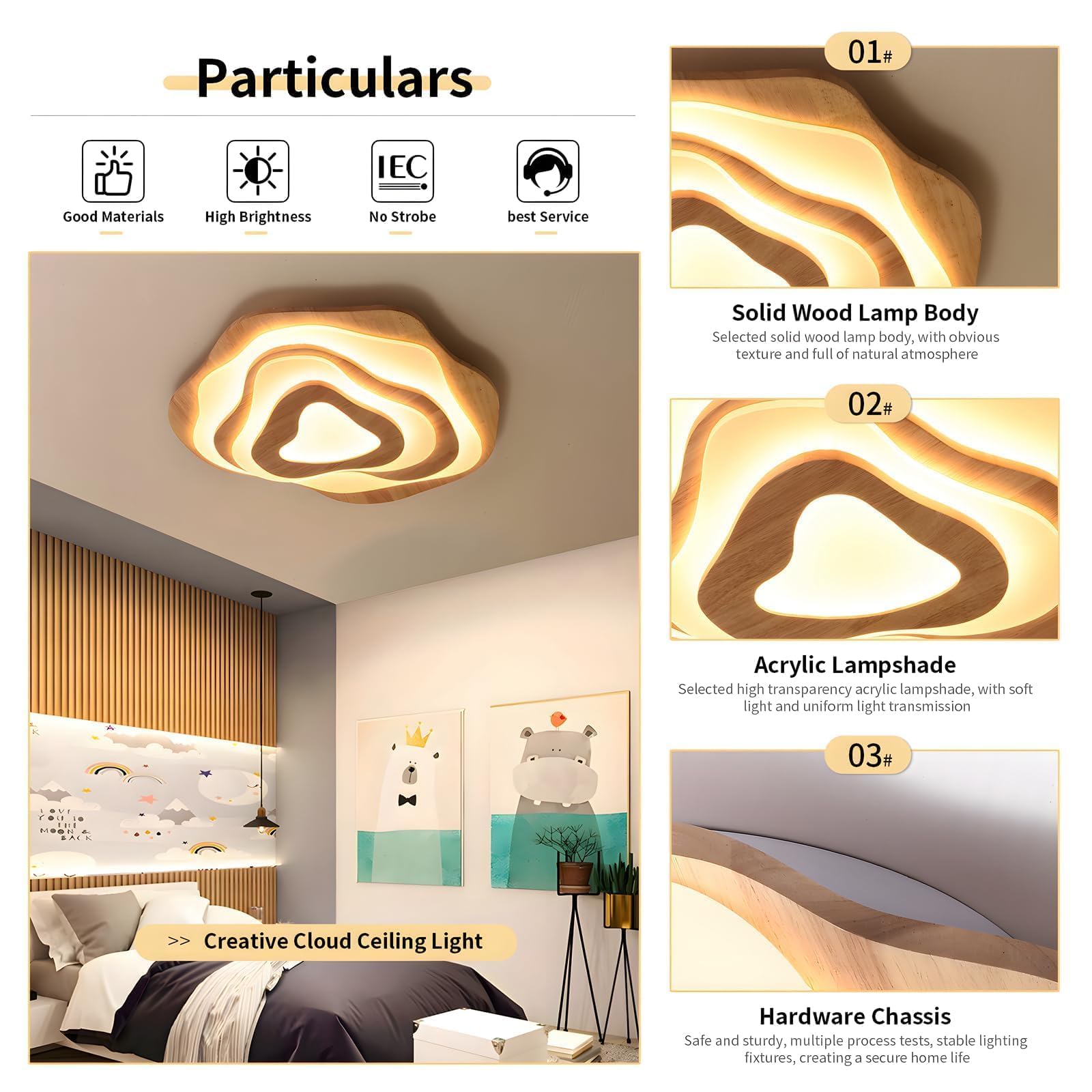Plafoniera a LED in legno, 50 W = Ø 57 cm, 3500 lm, 3000 K-6000 K, dimmerabile, per camera da letto, soggiorno, paralume in acrilico a forma di cuore, moderna lampada da soffitto rotonda