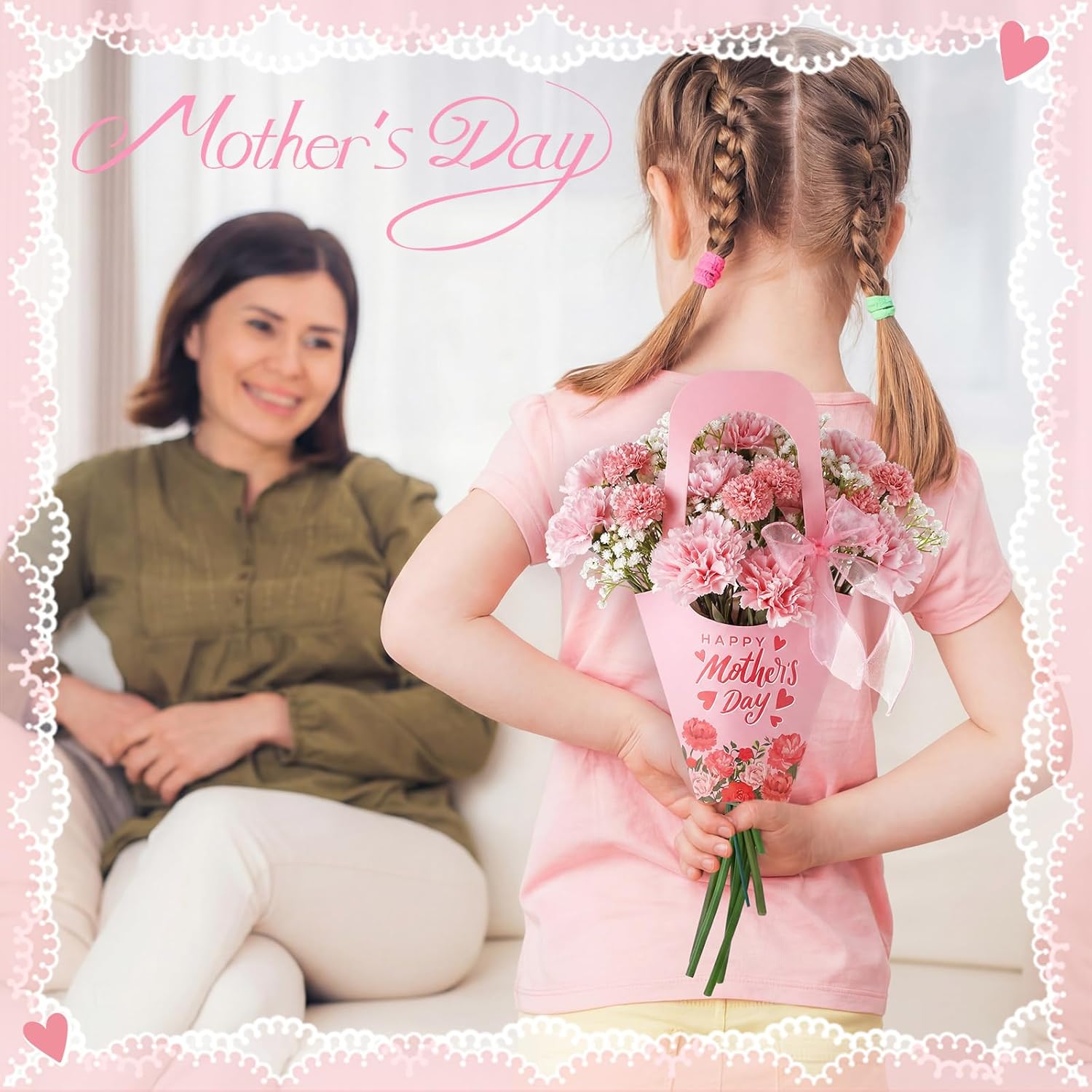 Teenyyou 24 Pcs Mother's Day Flower Gift Bags Bulk with Handle Happy Mother's Bag Paper Flower Bouquet Holder with 1 Roll Crafting Ribbon Wrapping Sleeves for Mom's Birthday Gift