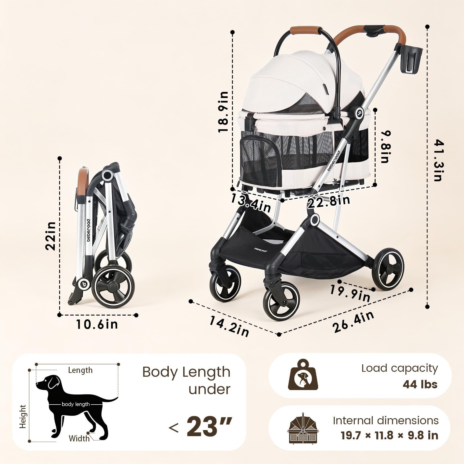 Beberoad Pets T3 PRO Haustier-Kinderwagen für kleine und mittelgroße Hunde und Katzen, 4 Räder, Reise-Klapptrage, wasserdicht, Welpenwagen mit Pad, Baldachin und Getränkehalter, Beige