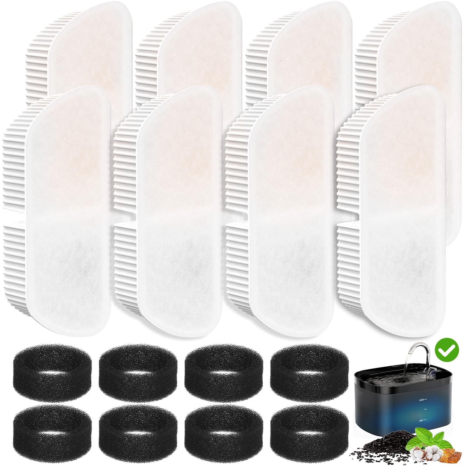 Filtros de fuente de agua para gatos para fuente dispensadora de agua Petilog de 84 onzas/2.5 L (8 filtros y 8 esponjas)