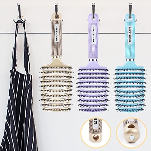 Miniatura 6 de Paquete de 3 cepillos desenredantes de masaje de secado rápido con ventilación juego de cepillos de pelo de cerdas de jabalí curvos desenredantes