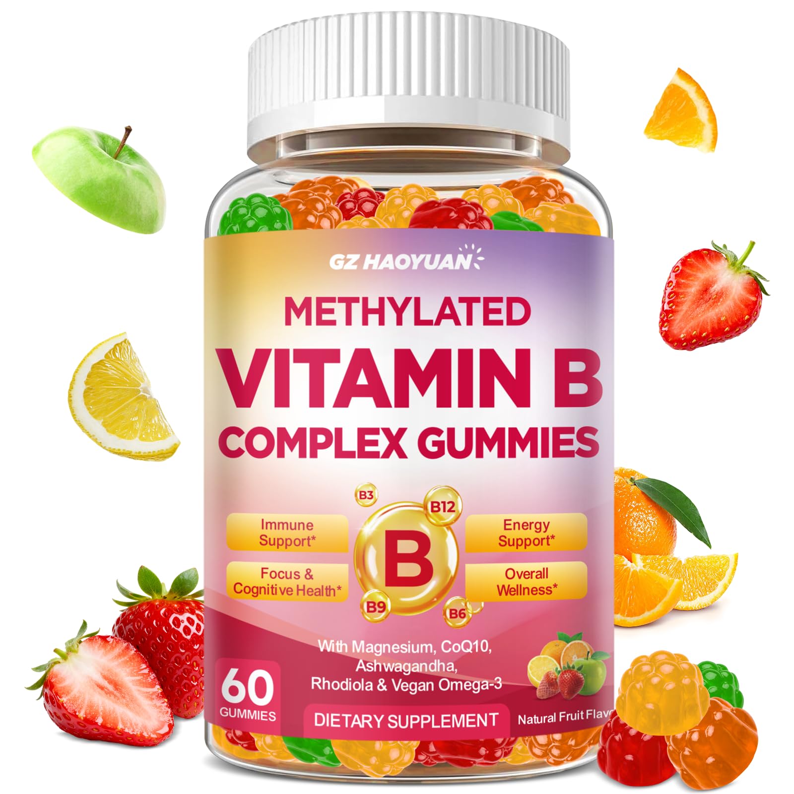 Methylated Vitamin B Complex Gummies for Women & Men with Vitamin B1, B2, B3, B5, B6, B7, B9, B12 & Magnesium, Omega-3, CoQ10, Supports Brain Health, Energy, Immune, Sugar Free, Fruit Flavor, 60ct Mixed Fruit 60 Count (Pack of 1)