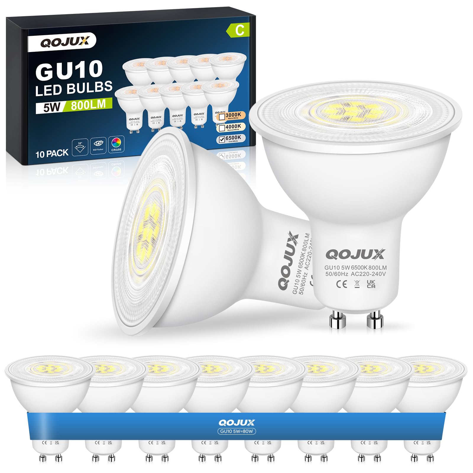 QOJUX GU10 LED Kaltweiss, 5W 800LM Energieeffizienzklasse C LED Glühbirne, 80W Halogen Leuchtmittel Ersetzt, 38° Abstrahlwinkel 6500K Kaltweiß GU10 Lampe Energiesparlampe, Nicht Dimmbar, 10 Stück
