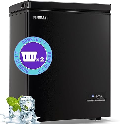 DEMULLER Congelador de pecho, pequeño congelador blanco profundo de 4.0 pies cúbicos, congelador compacto de puerta abierta superior con panel
