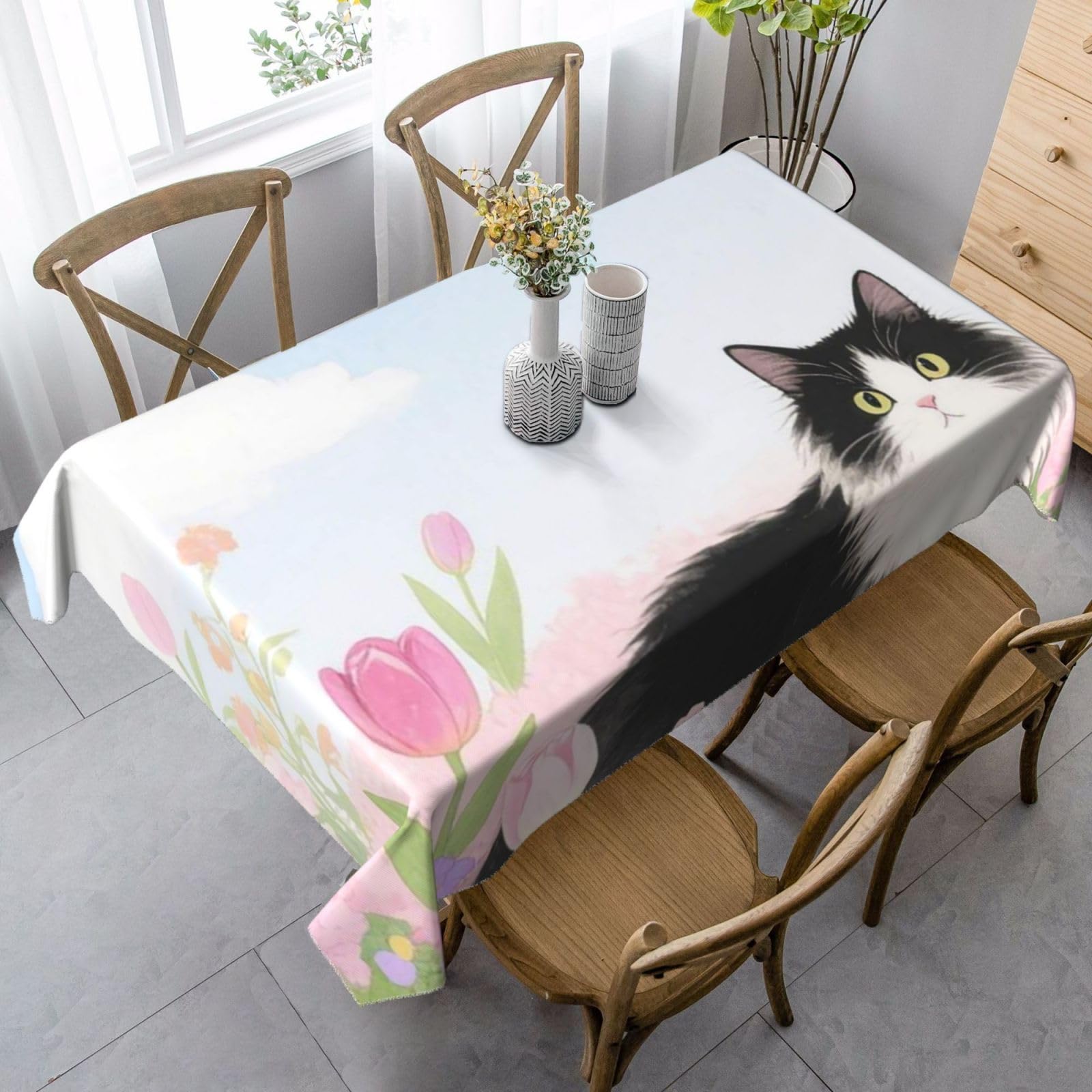 Cat Floral Watercolor Rectangle Tablecloth 35x55 Inch, Washable Reusable Farmhouse Table Cloths Wrinkle Free And Spillproof Kitchen Dinning Table Cover For Party Wedding Picnic Home Decor Tablecloths