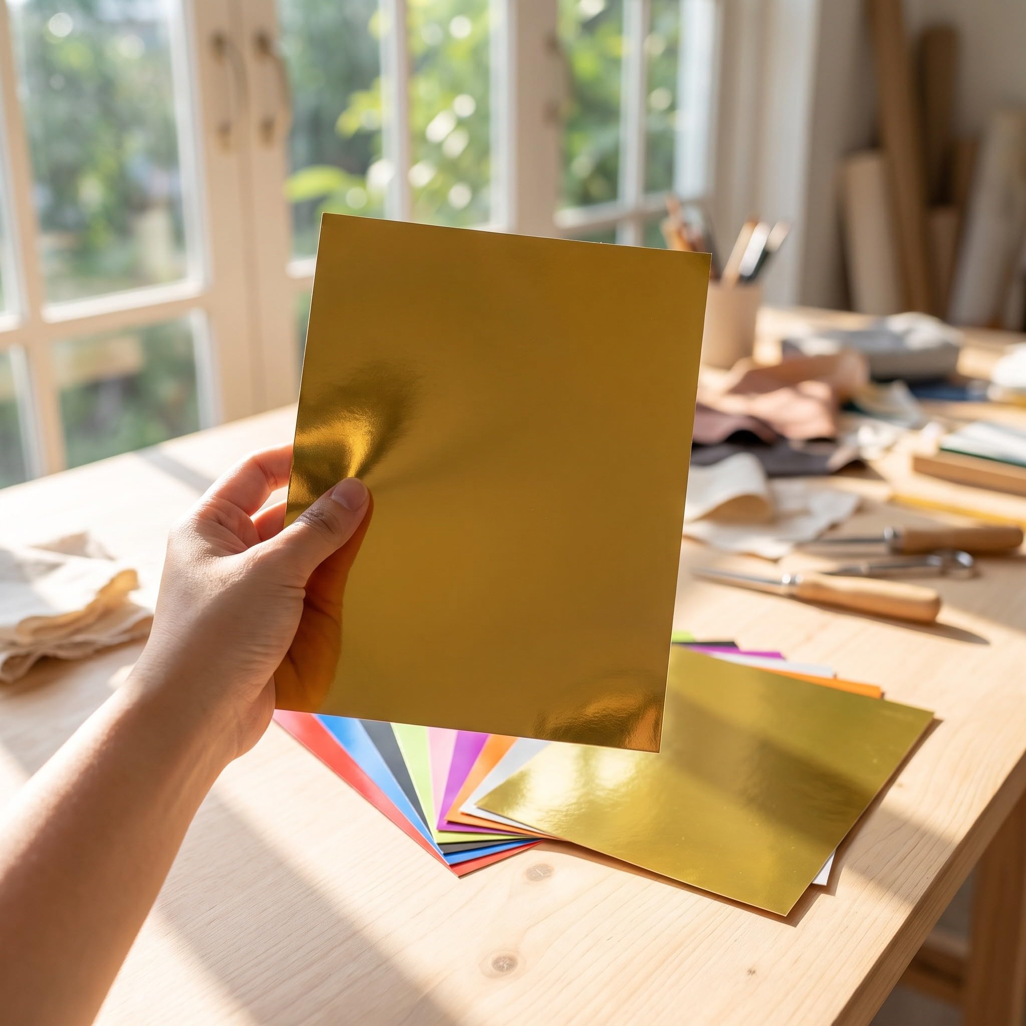 Gatuida 50 fogli di cartoncino metallizzato glitterato, 10 colori, 21,6 cm | 10 colori, superficie lucida a specchio su un solo lato, fogli riflettenti scintillanti formato A4, per principianti, amanti