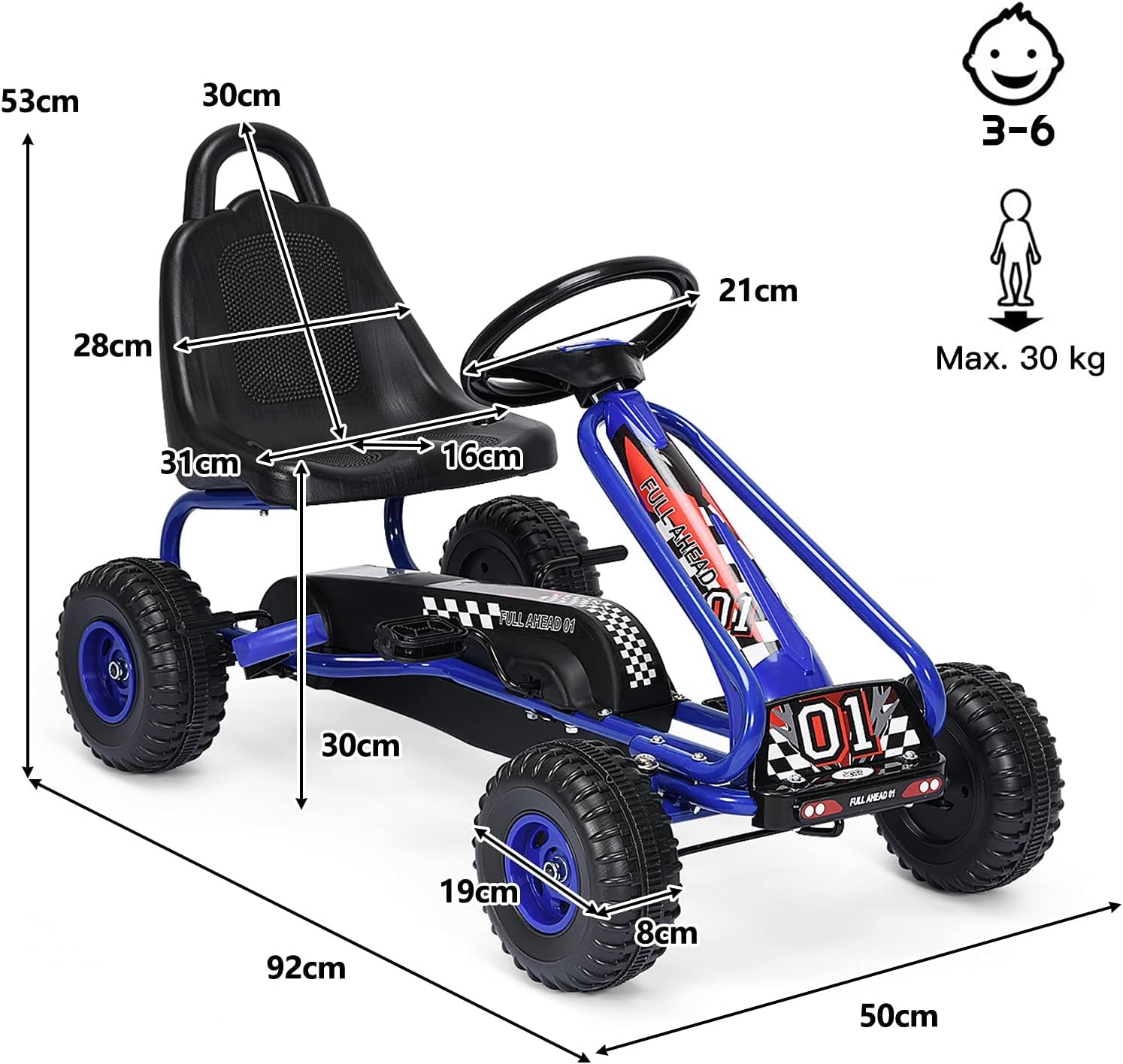 RELAX4LIFE Go Kart para Niños con Freno de Mano y Asiento Ajustable, Coche de Pedales con Ruedas Antideslizantes para Niños 3-6 Años, Carga 30kg (Azul)