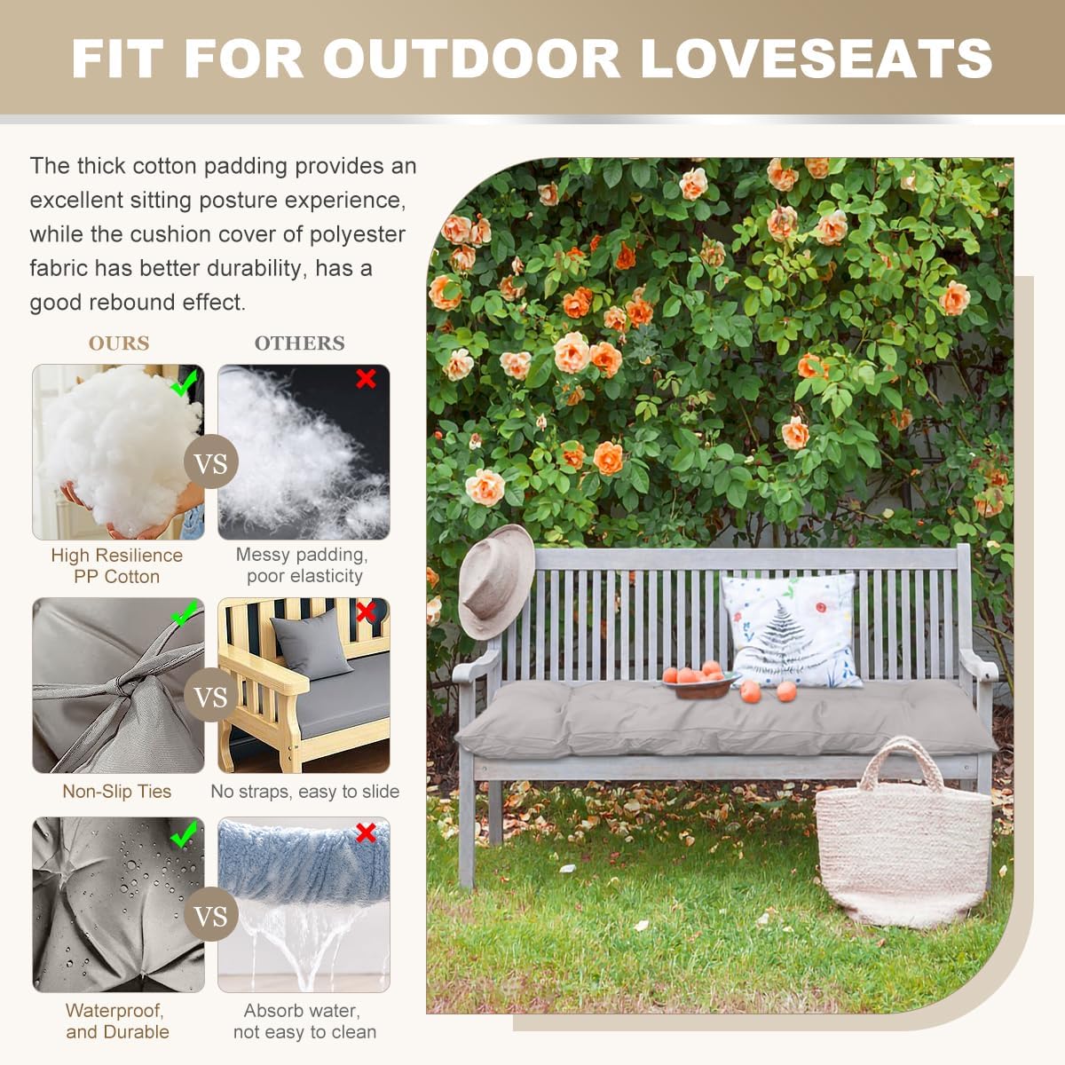 Outdoor Bench Cushion 47inches Waterproof & Fade Resistant Patio Furniture Cushions Tufted Fresh Porch Swing Lounger Loveseat Pads with Straps(Light grey-47x20in)