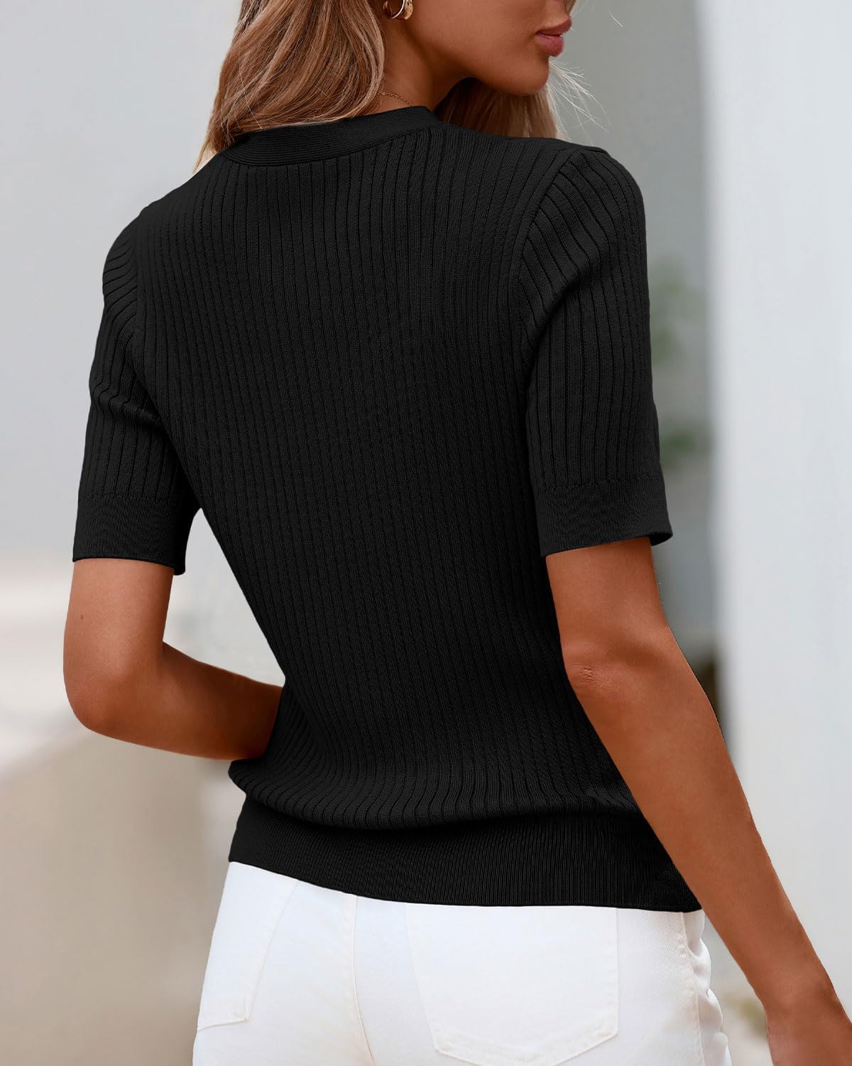 Zenlonr Women's 2025 Summer Button Down Shirts Casual Short Sleeve Blouse Tops V Neck Ribbed Knit Cardigans - Image 5