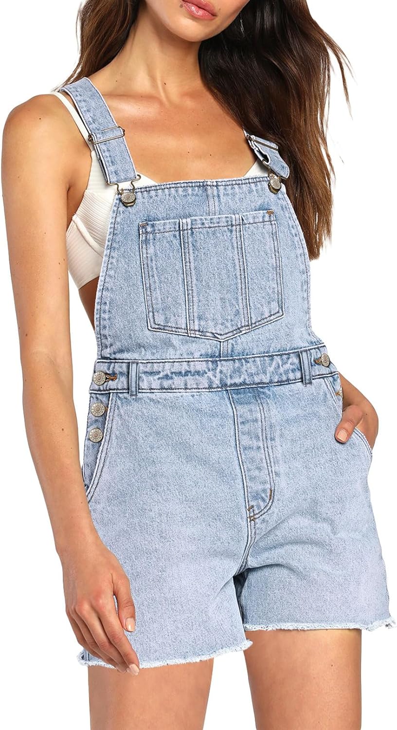 Pink Queen Women's Denim Shortalls Casual Adjustable Straps High Waist Bib Jeans Overalls Shorts Romper with Pockets