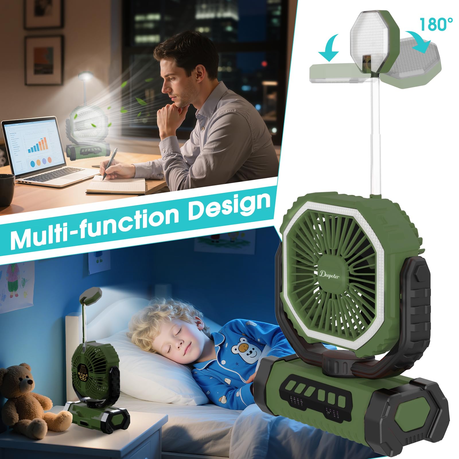 Camping Ventilator 20000mAh, Wiederaufladbarer Tischventilator USB Ventilator mit LED Licht & Haken, 270° Drehung mit Fernbedienung, Camping Fan für Indoor, Outdoor, Zelt, Grillen, Strand - Grün