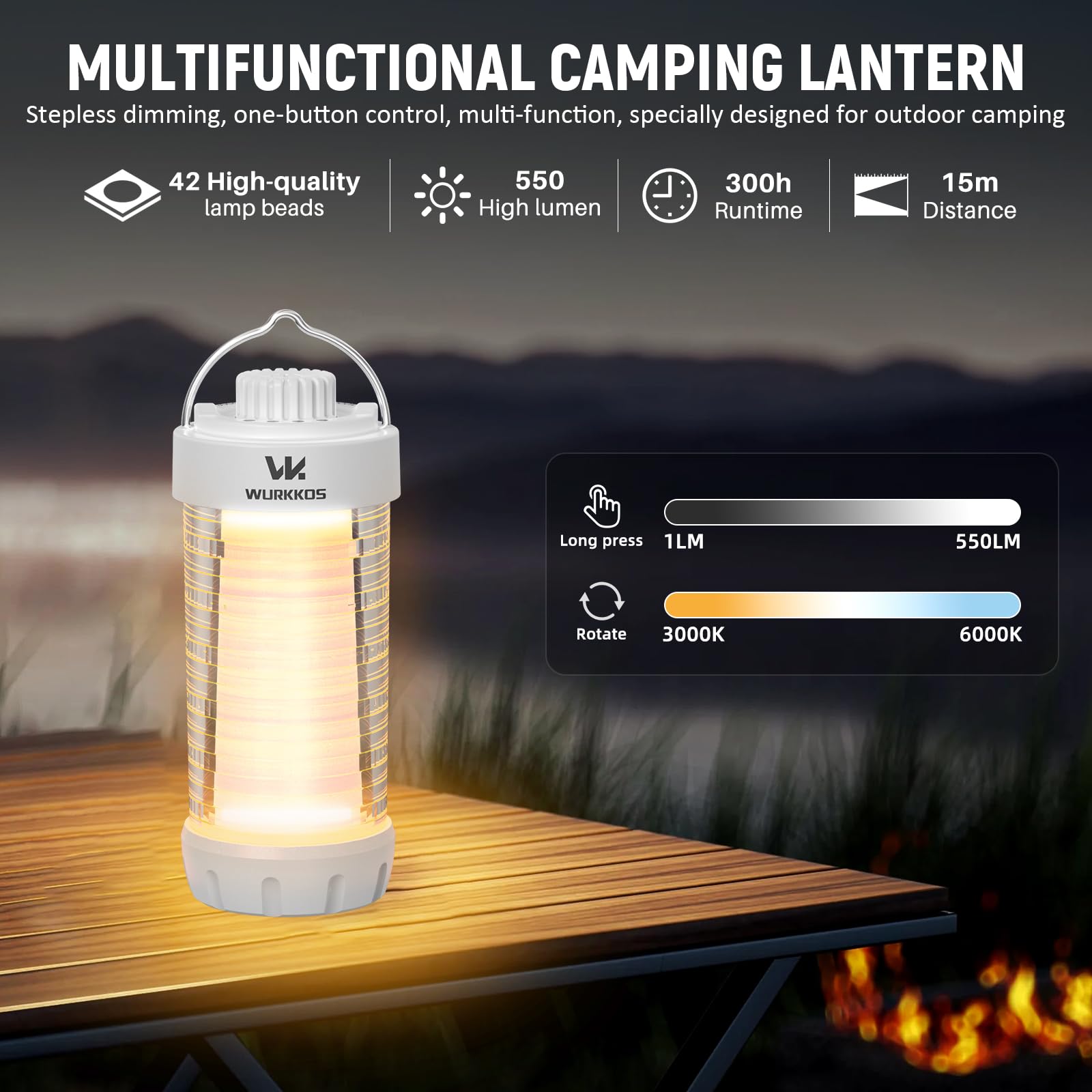 Wurkkos CL01 - Linterna de camping recargable, 550 lm, impermeable, con base magnética, hasta 300 horas de funcionamiento, linterna portátil con luz RGB, luz de campamento de emergencia para huracán