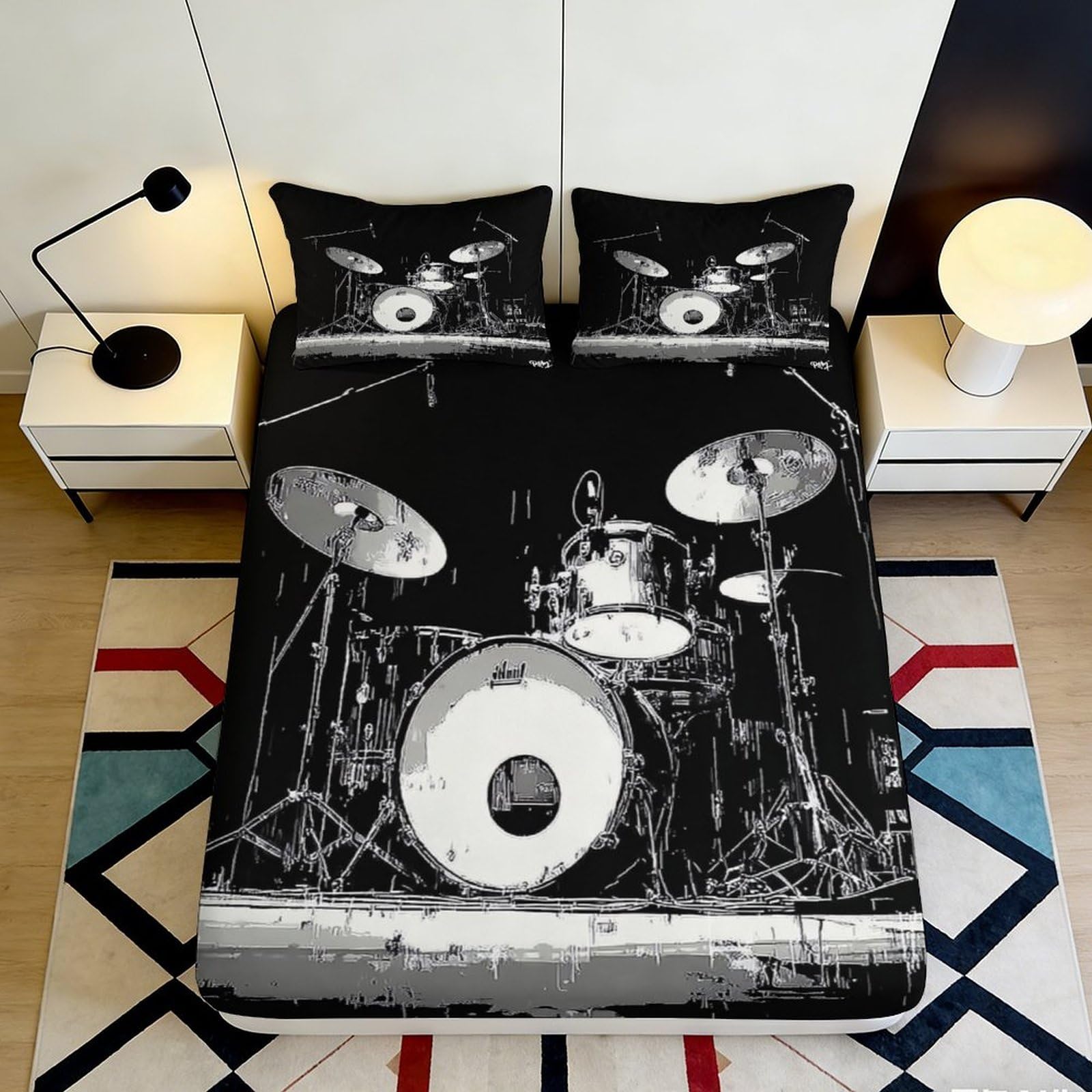 3D Printed Drum Set Fitted Sheet Microfiber Soft Breathable Musical Pattern Bed Cover for Bedroom Dormitory Guest Room Mattress Protection 120x200x25cm