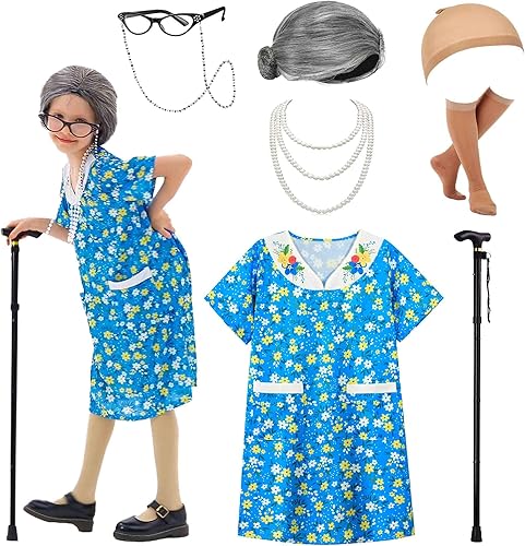Girls 100 Days School Costume - Old Lady Wig, Dress & Accessories for Girls, Ages 3-10