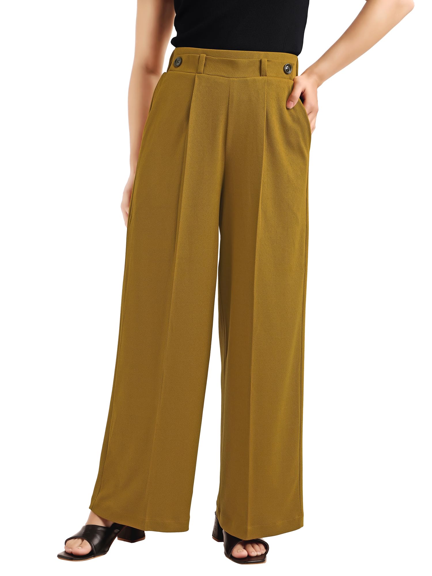 Women's Relaxed Loose Fit Below Knee Pleated High Rise Solid Regular Trouser-image-4