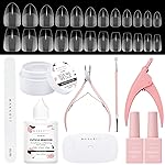 Makartt Nail Glue and Tips Kit: 15ML Solid Gel with Almond & Coffin Pre-Buffed Fake Nails, Portable UV Lamp, Base and Top Coat, Nipper, Cuticle Remover and File for DIY Art Manicure