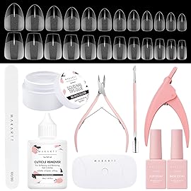Makartt Nail Glue and Tips Kit: 15ML Solid Gel with Almond & Coffin Pre-Buffed Fake Nails, Portable UV Lamp, Base and Top Coat, Nipper, Cuticle Remover and File for DIY Art Manicure