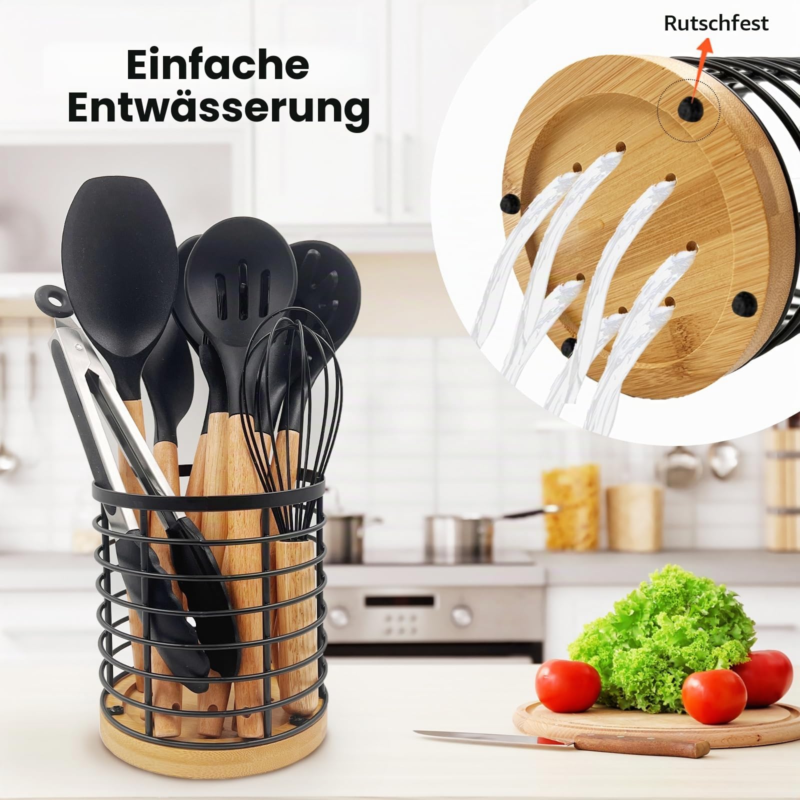 Daily Treasures 12PCS Silikon Küchenutensilien Sets,Holzgriff Kochutensilien Set mit Bauernhof Utensilienhalter,Hitzebeständig Antihaft-Küchenutensilien Set,Schwarzes Küchenzubehör Set Spatel