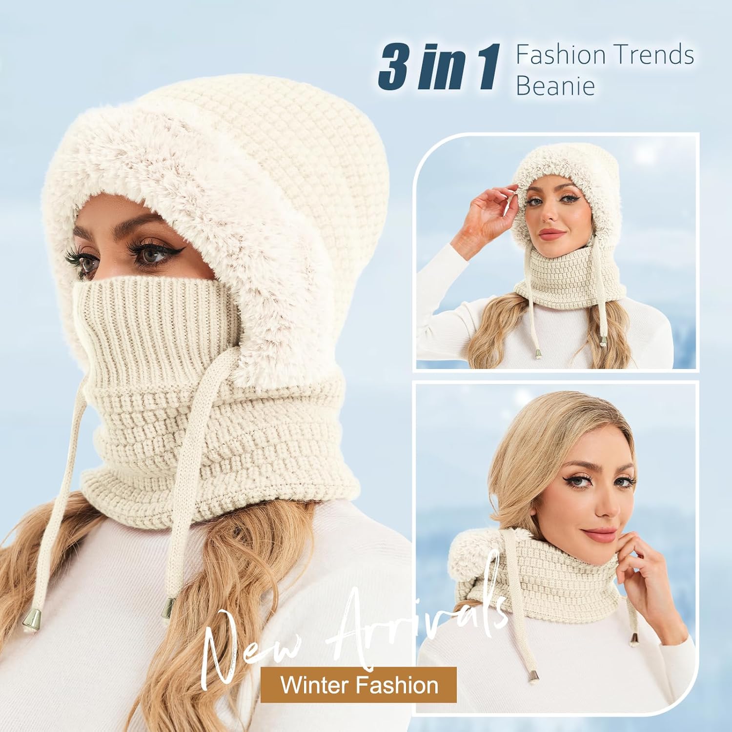 Sumolux 3 in 1 Beanie Hat for Women with Fleece Lined Scarf and Mask Outdoors Windproof Knitted Ski Mask Set - Image 4