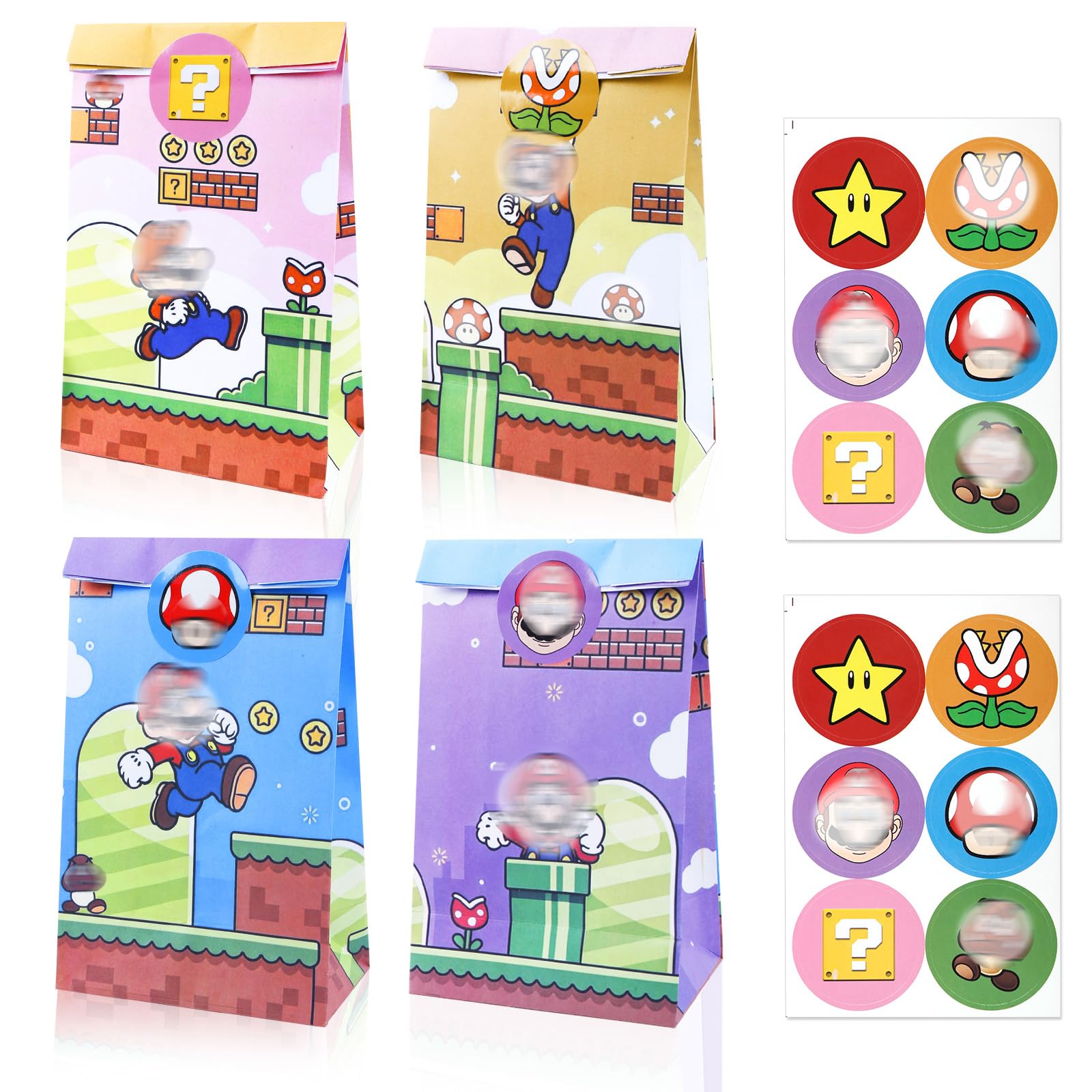 12 Pcs Mari Party Bags for Kids, Game Paper Gift Bags with 12 Stickers, Candy Goodie Treat Bags for Birthday