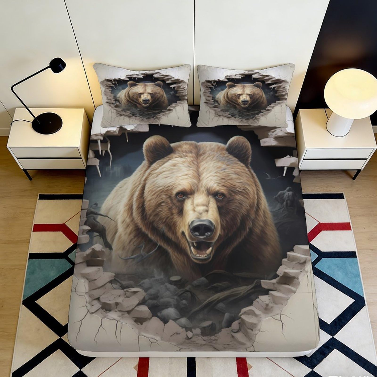 3D Printed Bear Pattern Fitted Sheet Microfiber Deep Pocket Non-Slip Bedroom Bedding Grizzly Mattress Fitted Cover Washable for Adults 140x200x25cm