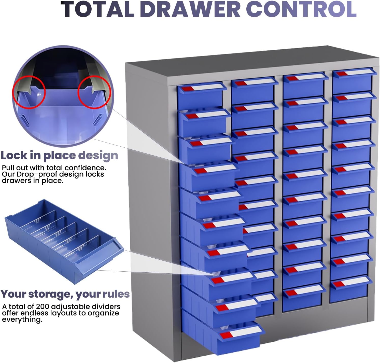 40 Drawer Parts Cabinet with 40 Labels, 200 Dividers, Alloy Steel Bolt and Nut Tool Storage Cabinet with 7.8"*3.9"*2" ABS Drawers, Hardware Organizer for Garage, Workshop