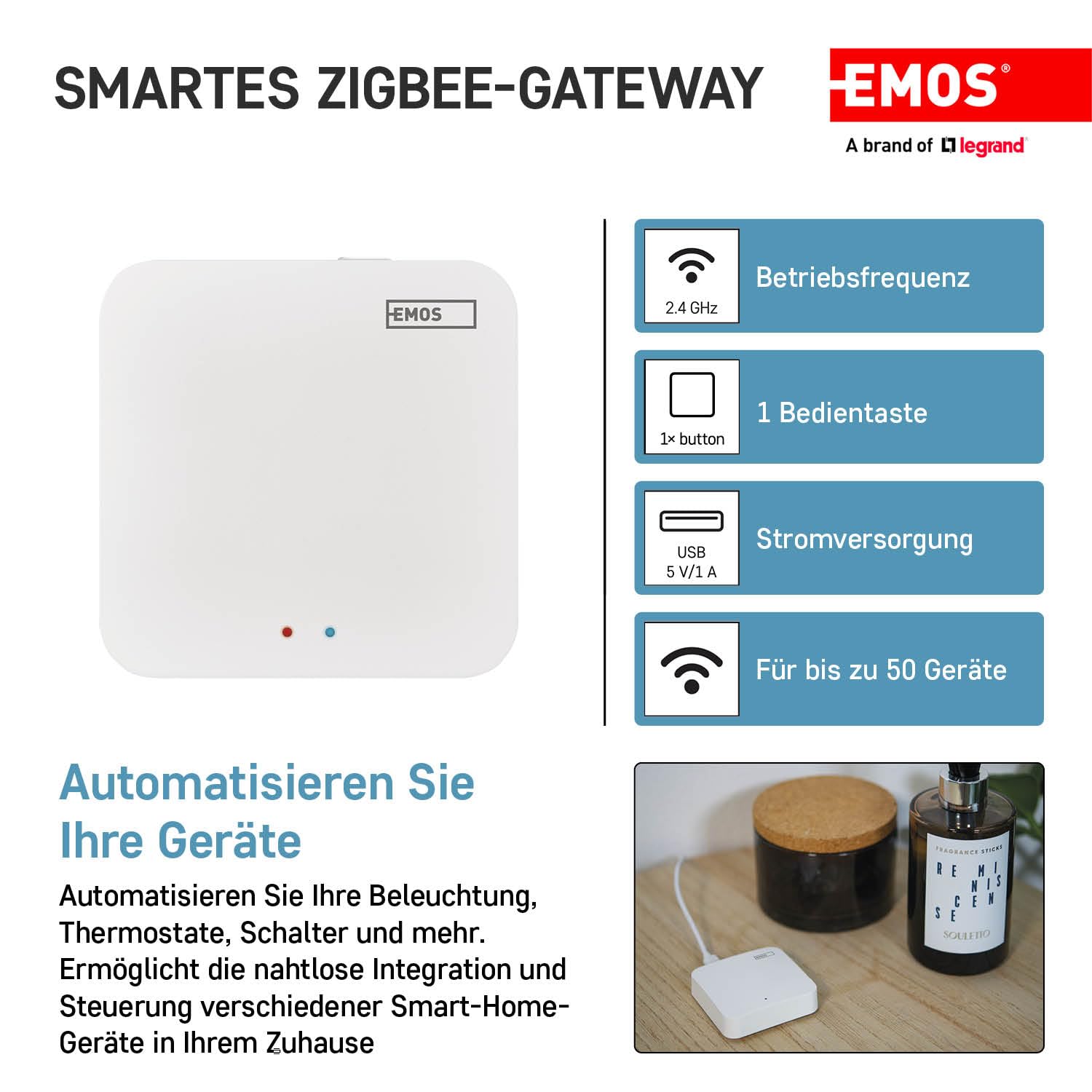 EMOS GoSmart ZigBee Gateway IP-1000Z Smart Home Hub Compatible con Tuya Smart Life Soporte Bluetooth 2.4GHz WiFi 6x6cm Blanco