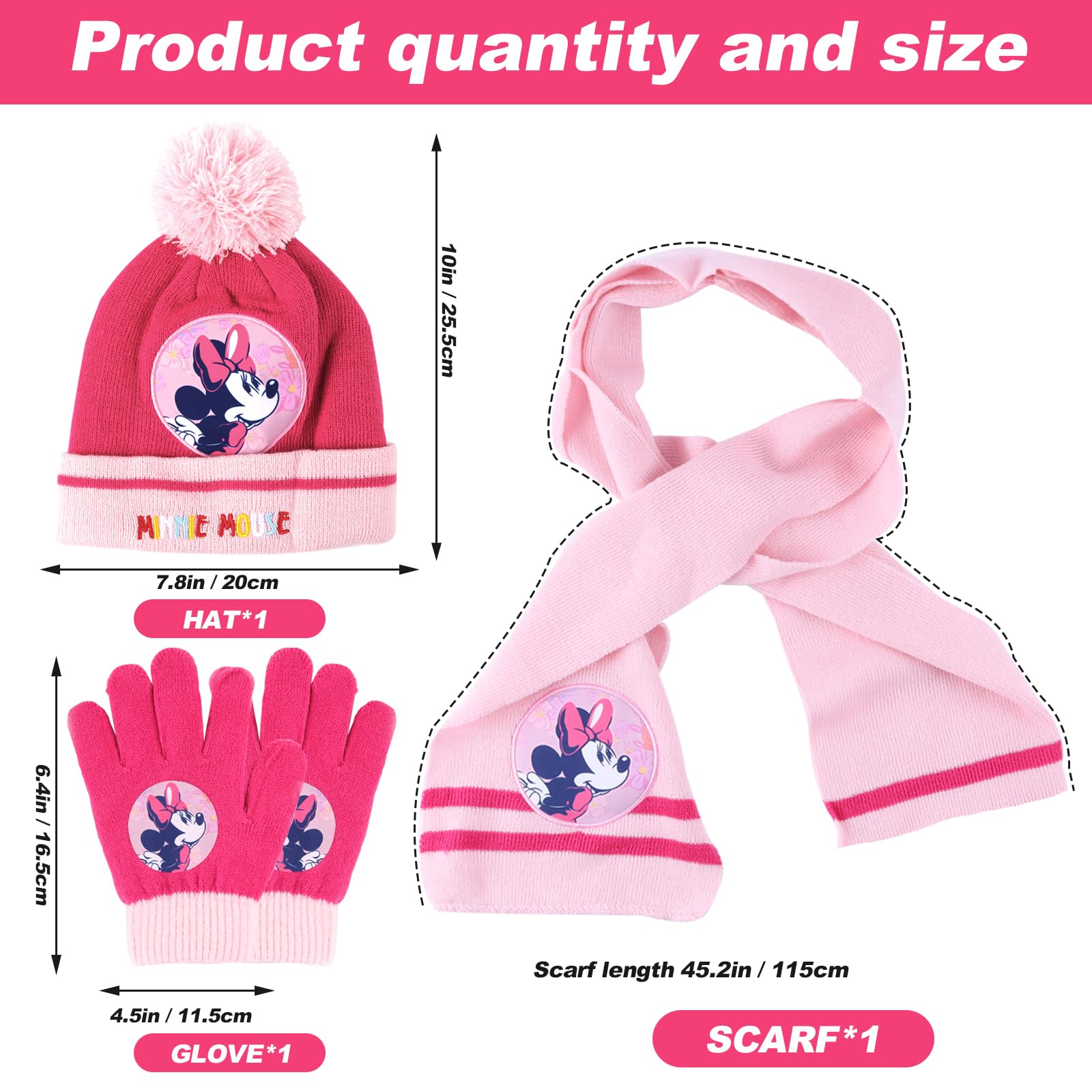VOENCSU Cappello Invernale Minni, Guanti Minni Bambina, Sciarpa Minni, Cappello e Sciarpa Minni Invernale Adatto Bambina