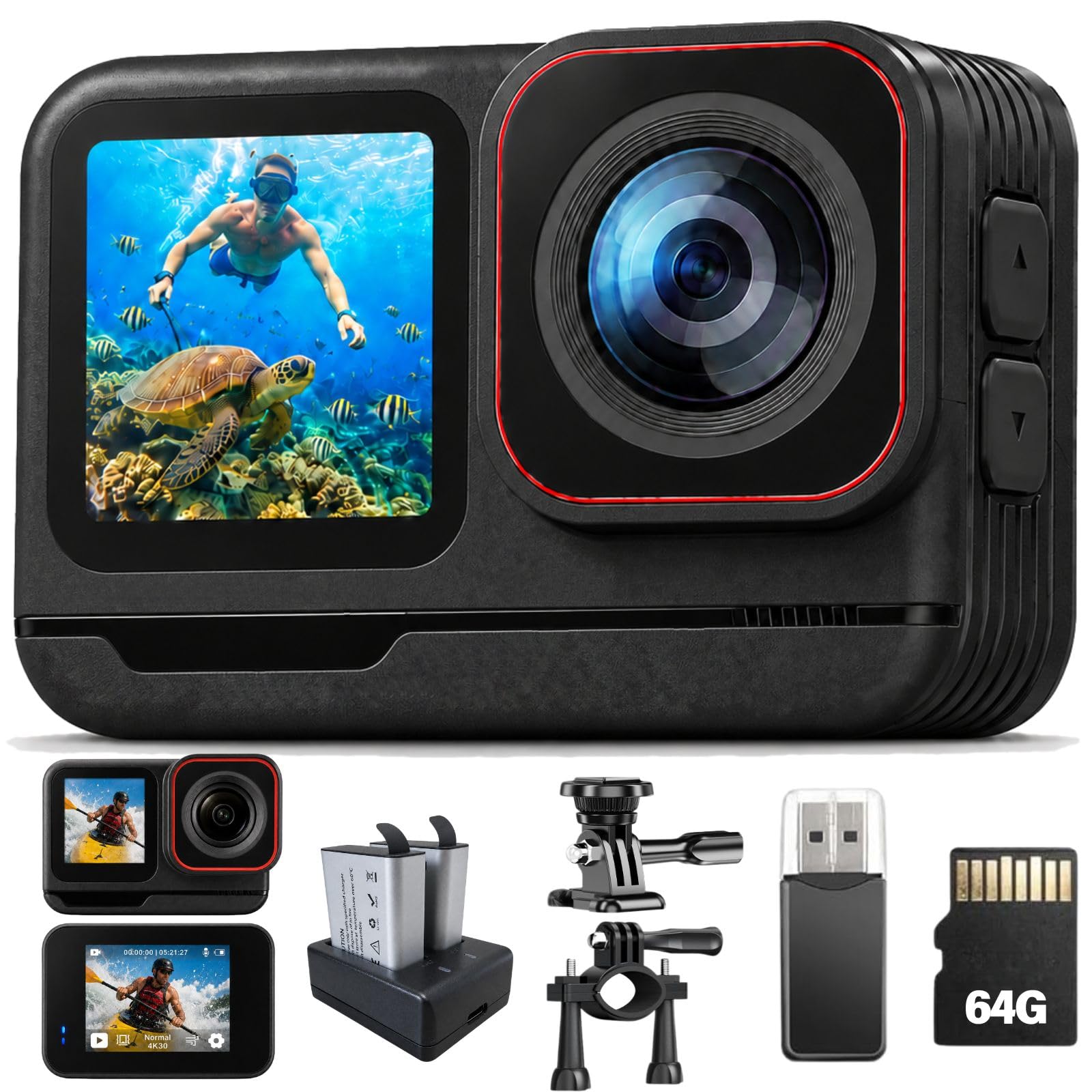 T20M Caméra d'action 4K pour vélo & POV Casque, étanche 5 m sans boîtier, stabilisation EIS 6 Axes, Double écran, 2 Batteries, Station d'accueil et Carte 64 Go