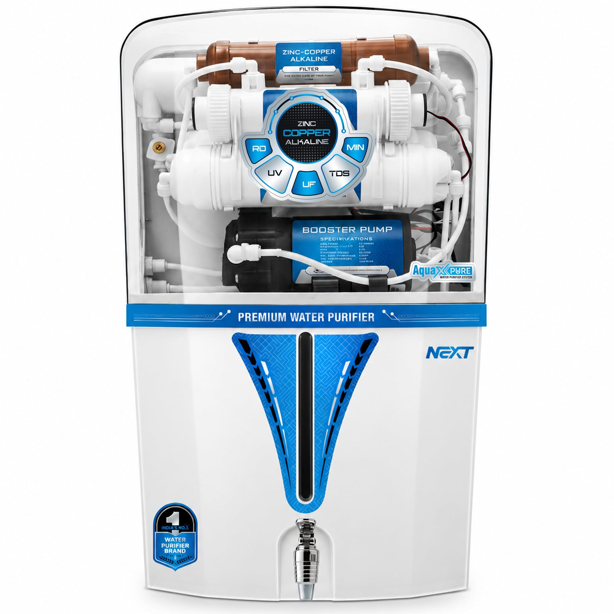 Aqua X Pure Nexa Blue Domestic water purifier | RO+U.V+UF+Copper+TDS Controller+Activated Carbon | 12 L Tank | 20 LPH filteration | Suitable For Home and Office | 1 Year Warranty.-image-0