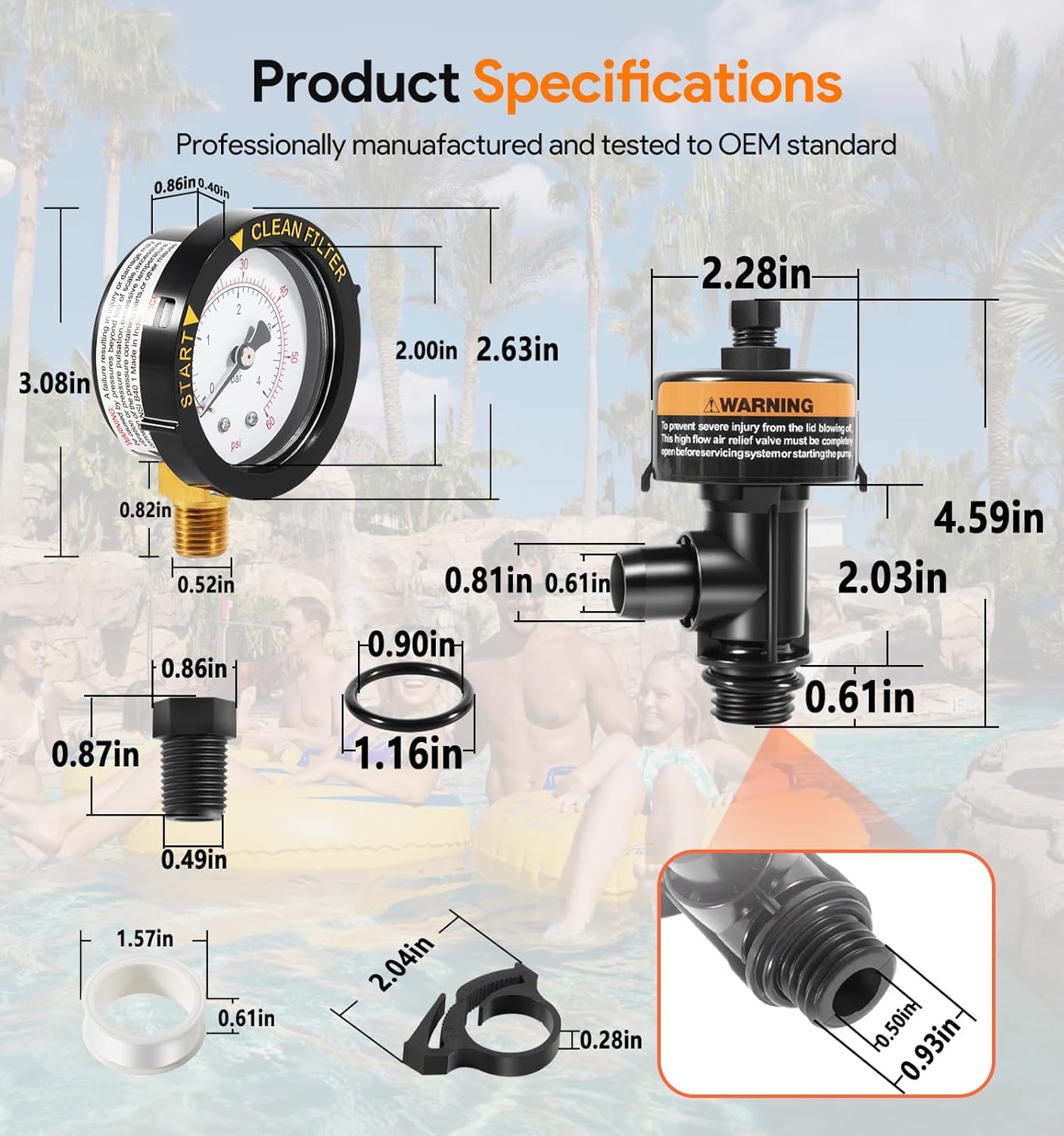 Vanne de vidange d'air avec manomètre pour filtre de piscine - Remplacement compatible avec 98209800 & 190058 - Convient pour Clean & Clear, Warrior, FNS, Predator - Soupape de décharge de pression