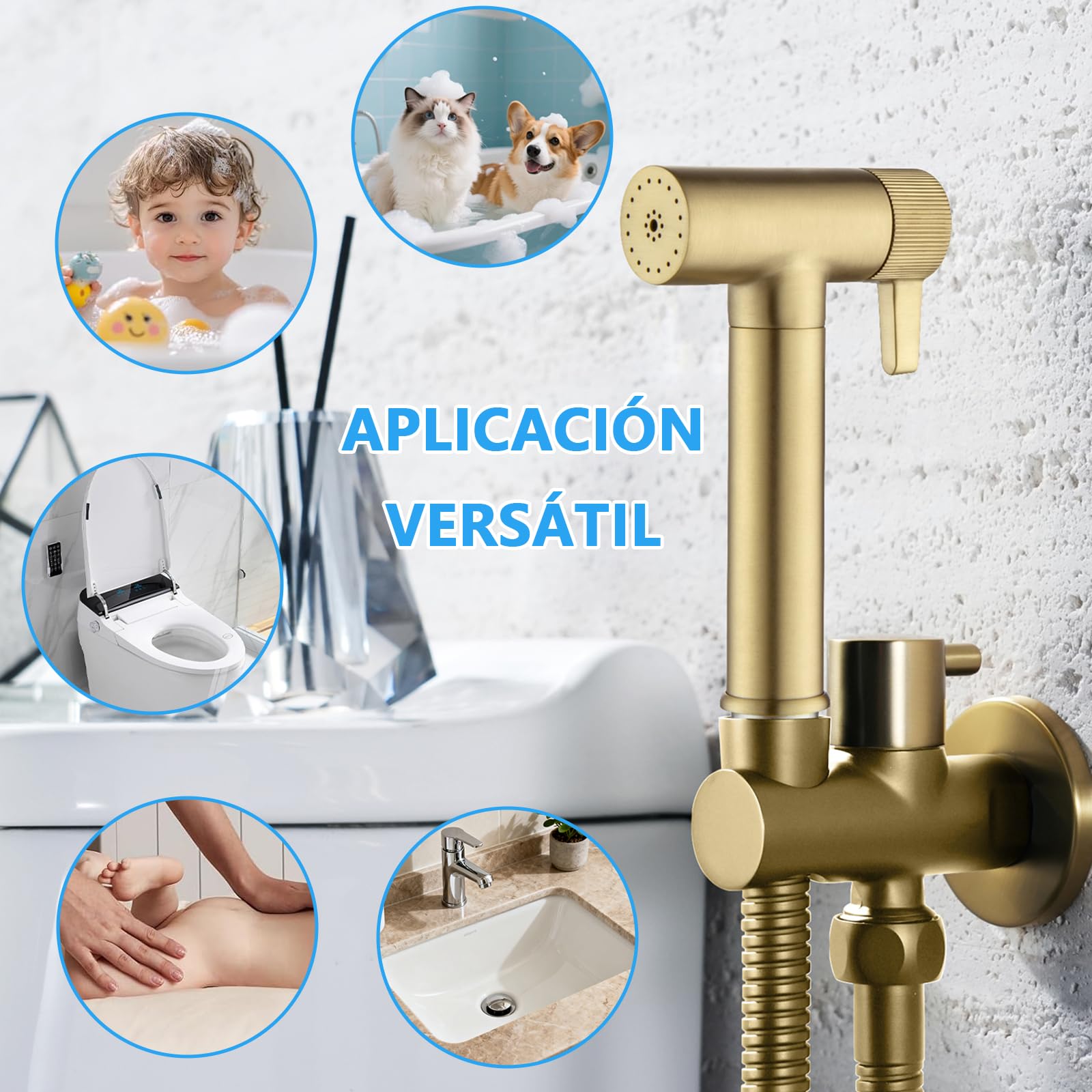 Oro Cepillado Kit de Rociador de Mano para Inodoro, 2 Modos Ducha Bidet para Inodoro, Latón Rociador de Bidé Montado en Pared para Inodoro con Manguera de 1.2m y Soporte, para Higienico Personal