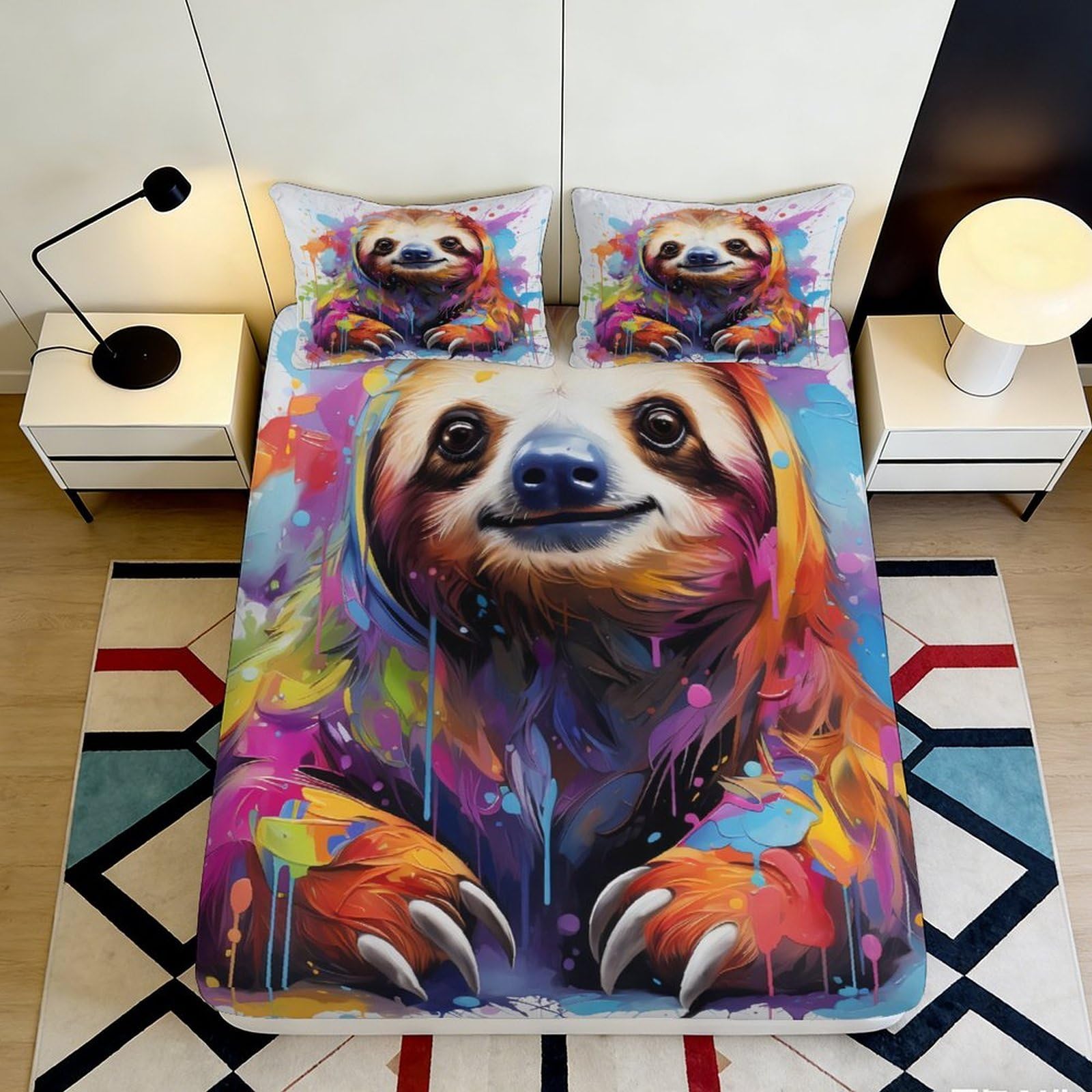3D Printed Colorful Sloth Fitted Sheet Microfiber Soft Breathable Artistic Bed Cover for Bedroom Dormitory Guest Room Mattress Protection 140x200x25cm
