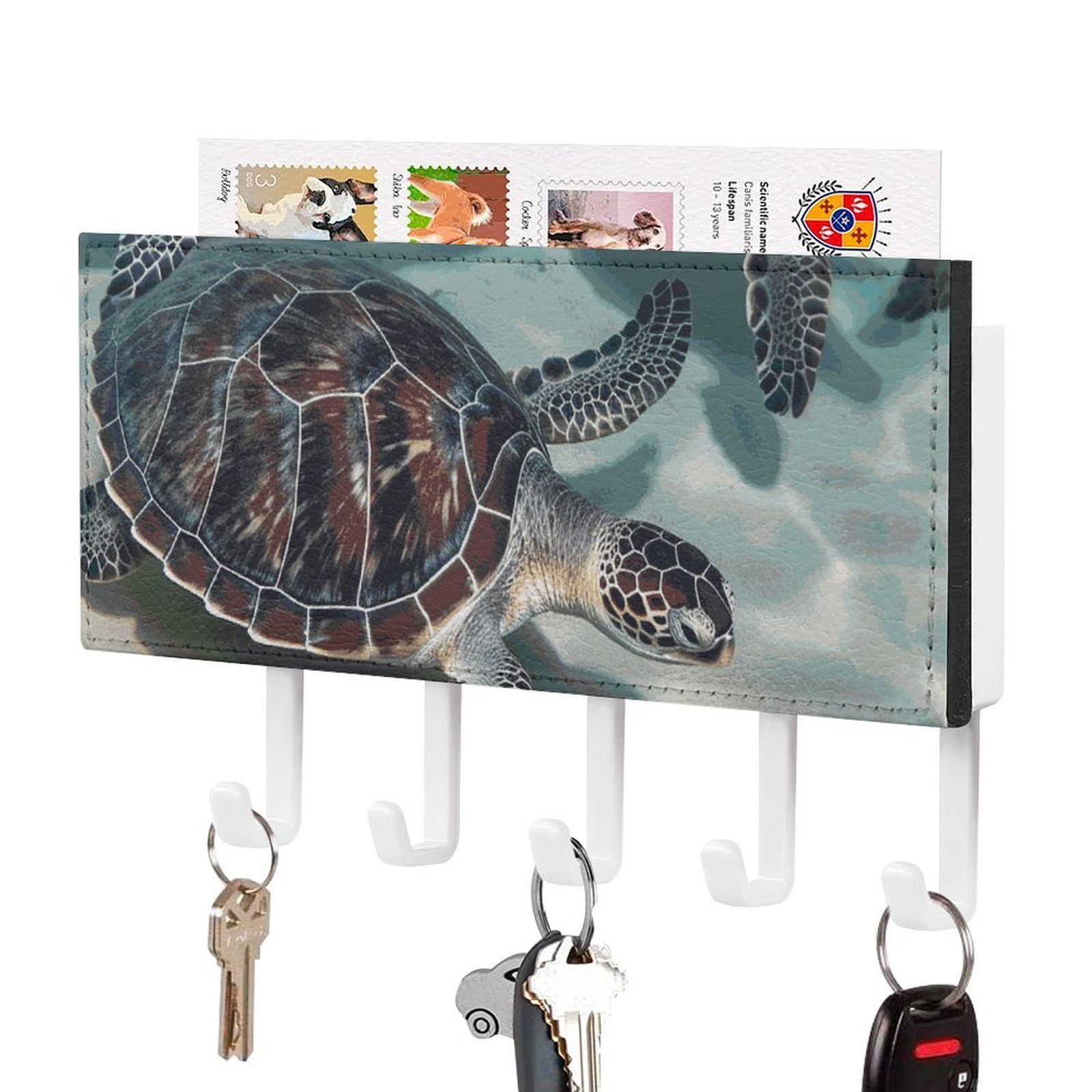 JTREHY Sea Turtles Holder Wall-Mounted Key and Mail Holder,Key Rack with 5Keys Hooks, Easy to Install Mail Organizer for Entryway, Front Door, Hallway, Office