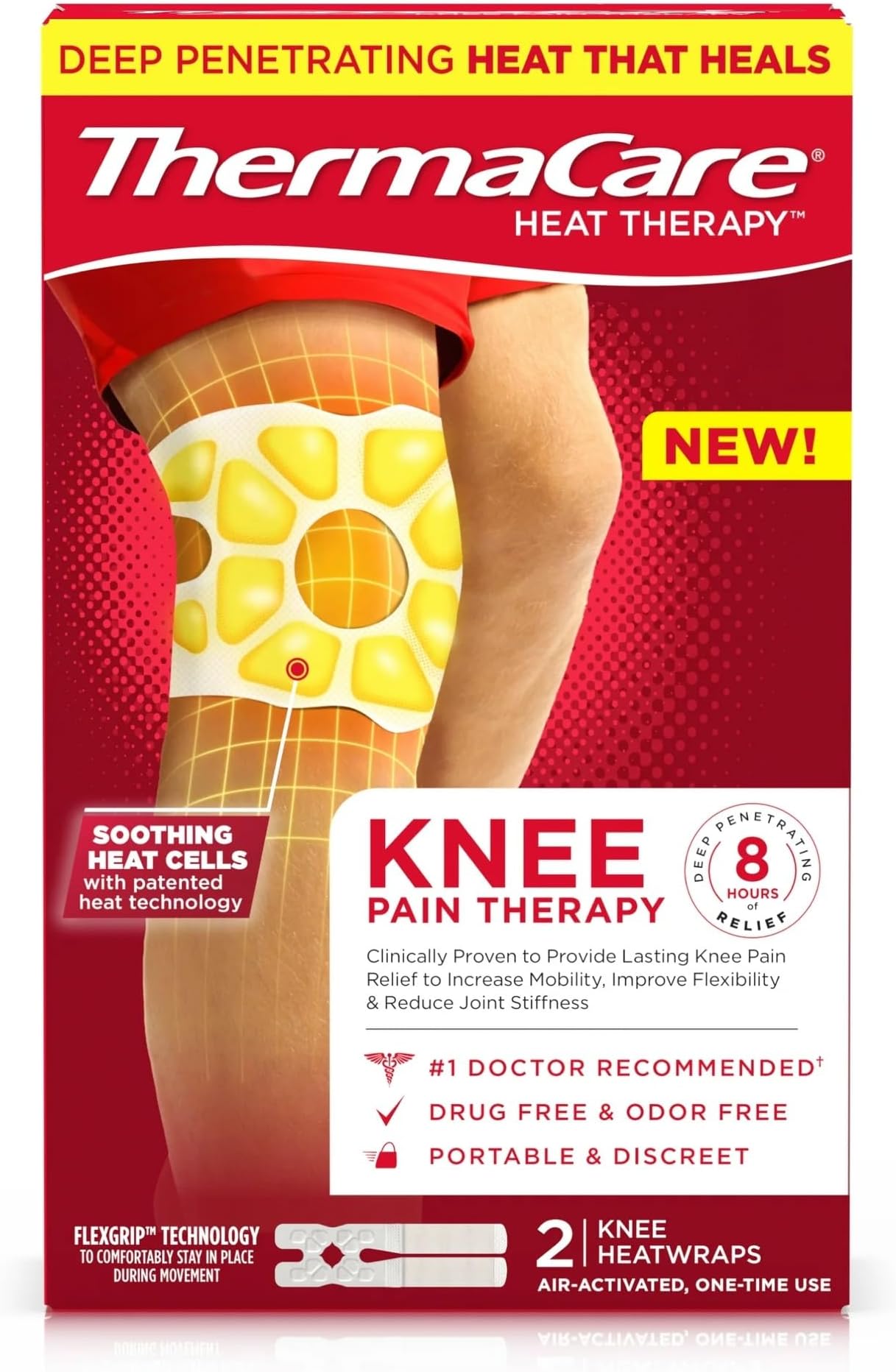 ThermaCare Knee HeatWraps - Targeted Knee Pain Relief with 8-Hour Therapeutic Heat - Flexible, Discreet, Drug-Free Portable Heat Therapy (2-Count)