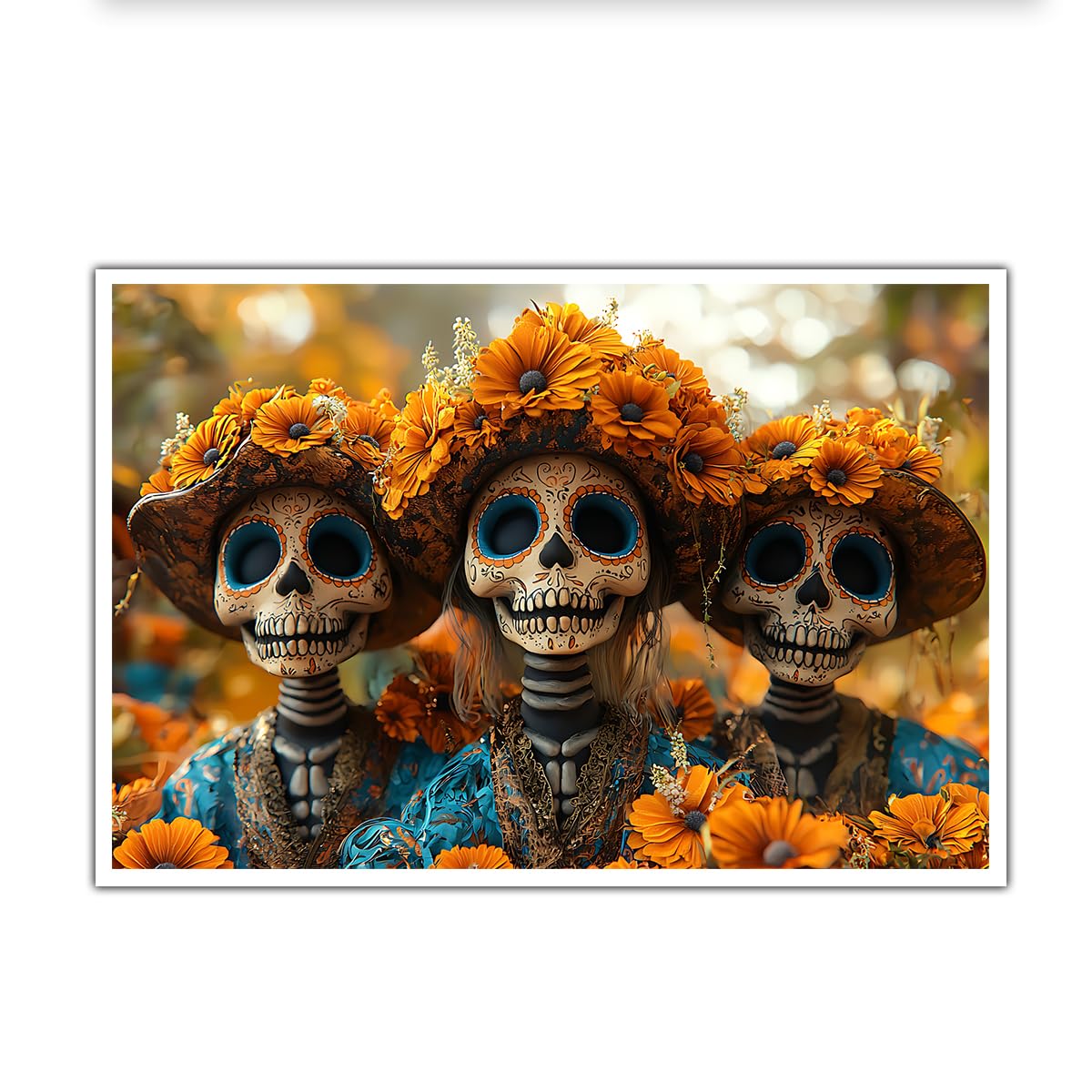 Abstract Halloween Canvas Wall Art Golden Marigold Flowers Skeleton Poster Mexican Folk Art Canvas Prints for Dining Room Office, Unframed 70x105cm